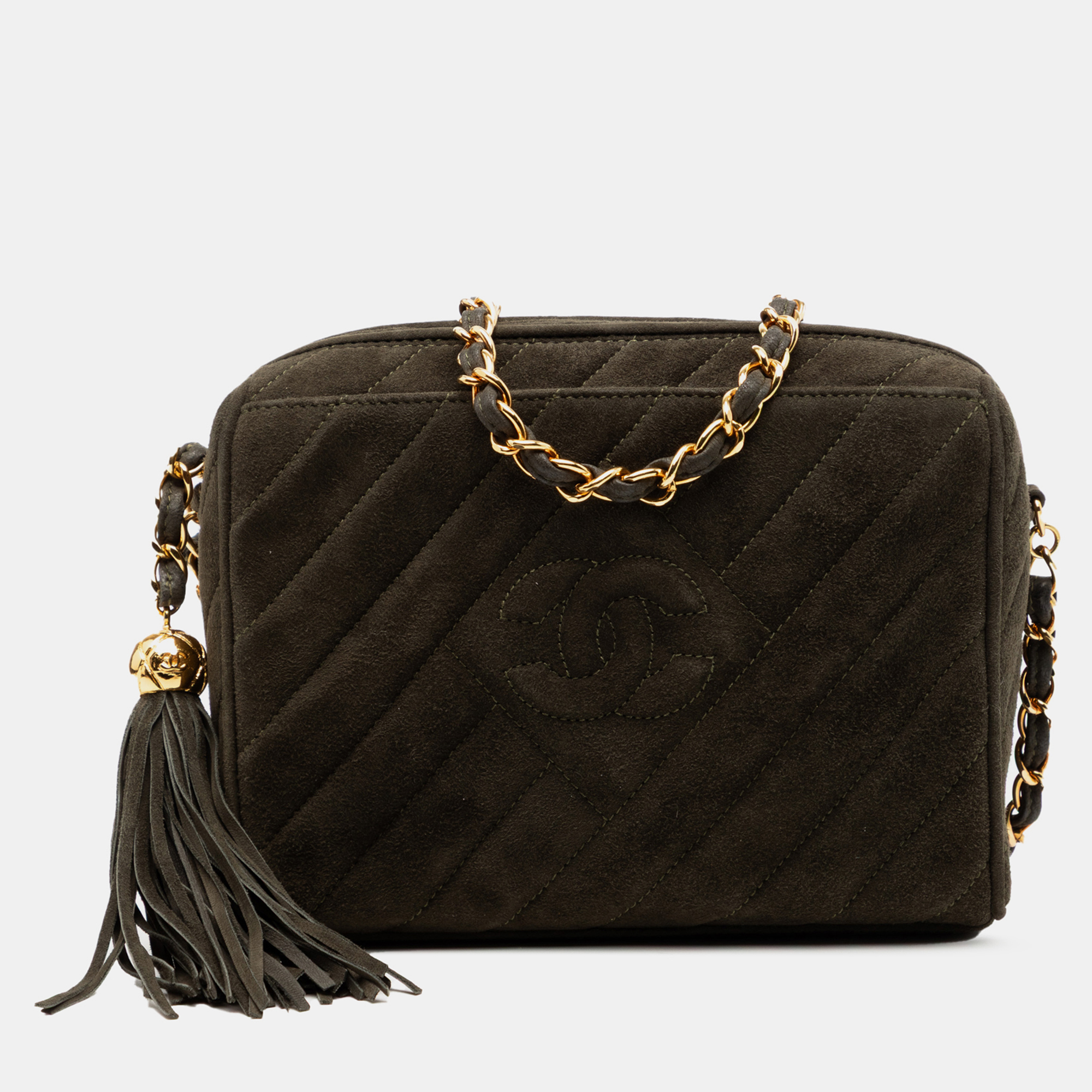 

Chanel Green CC Diagonal Quilted Suede Tassel Diamond Camera Bag