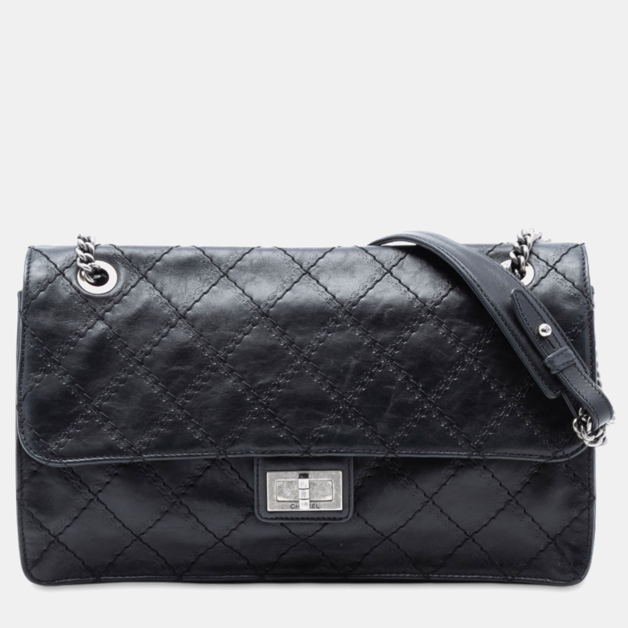 

Chanel Black Embossed CC Quilted Aged Calfskin Reissue 2.55 Single Flap 227