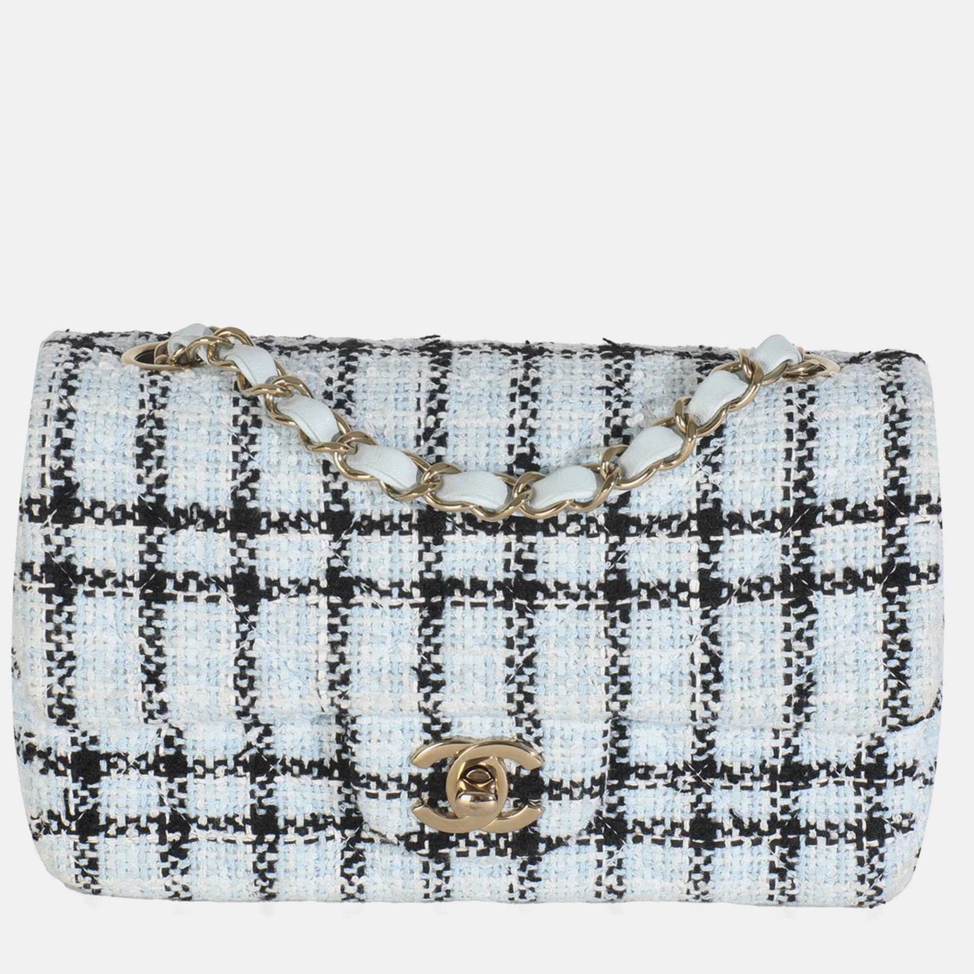 

Chanel Blue White Tweed Quilted Mini Rectangular Flap Bag