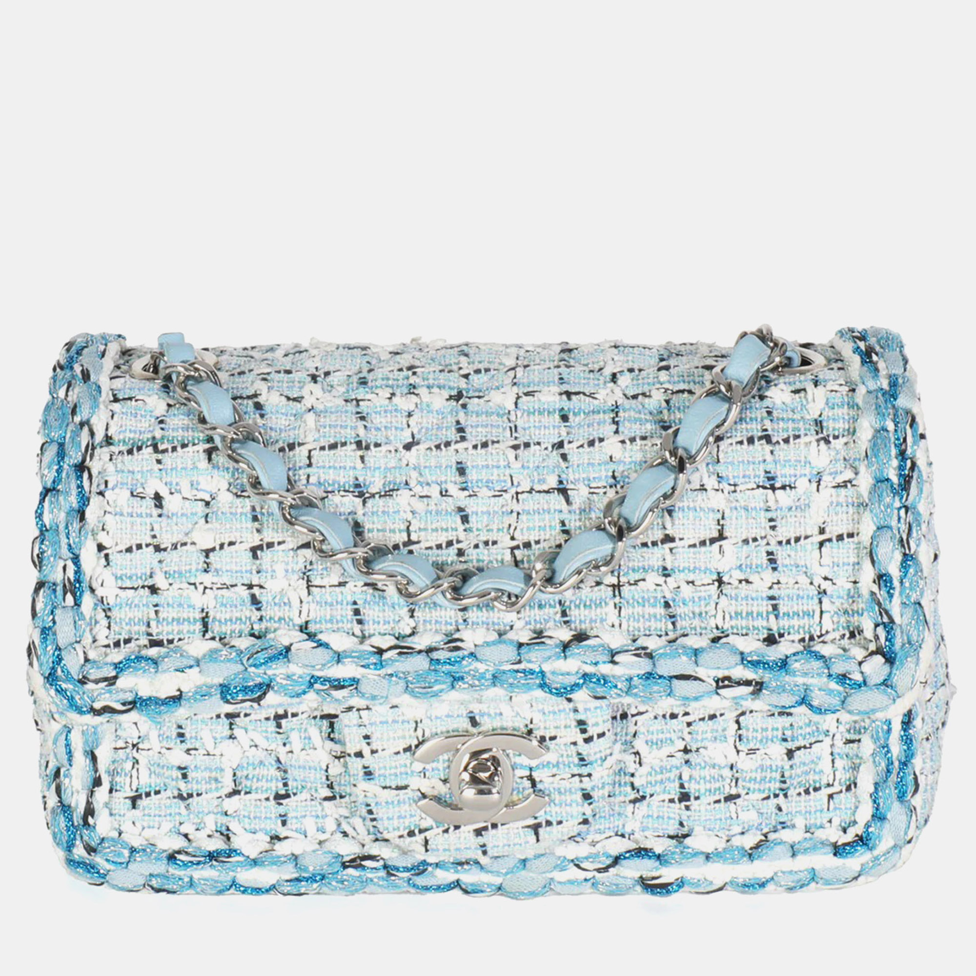 

Chanel Blue White Quilted Metallic Tweed Braided Mini Rectangular Flap Bag