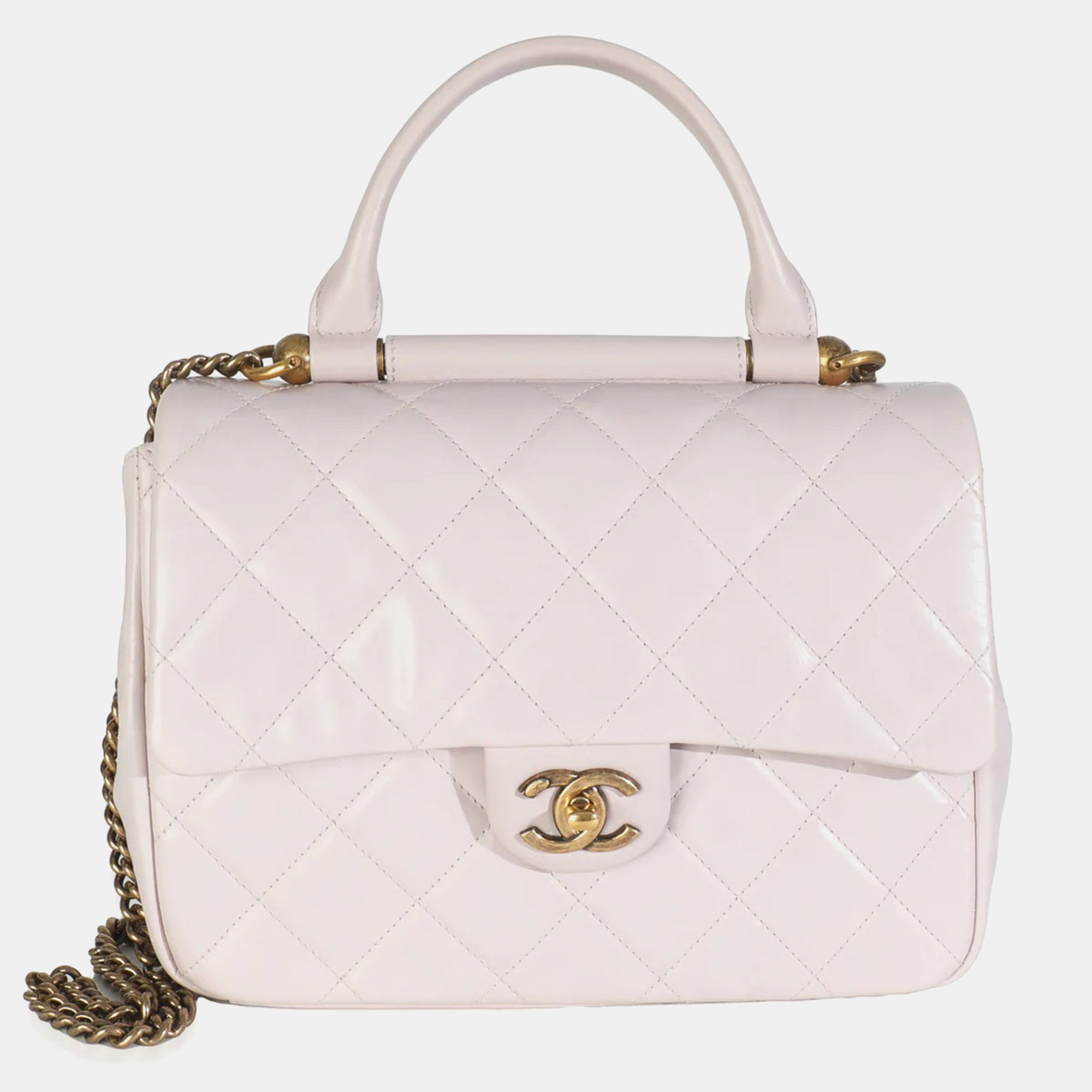 

Chanel Light Pink Quilted Glazed Calfskin Medium Gold Bar Top Handle Flap Bag