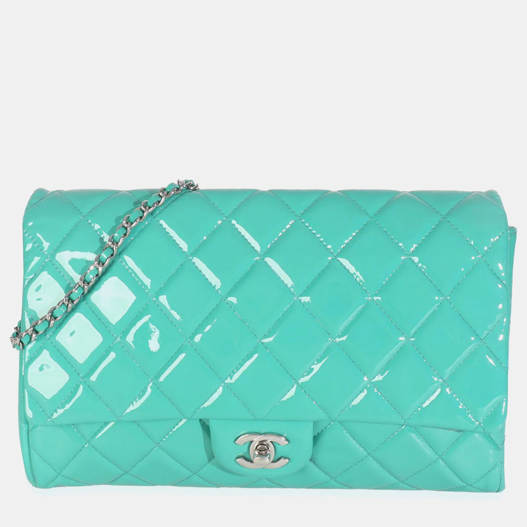 

Chanel Turquoise Quilted Patent Classic Flap Clutch With Chain, Blue