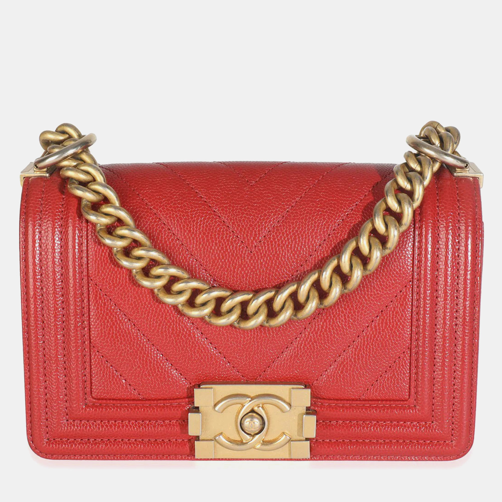 

Chanel Red Quilted Caviar Chevron Small Boy Handbag