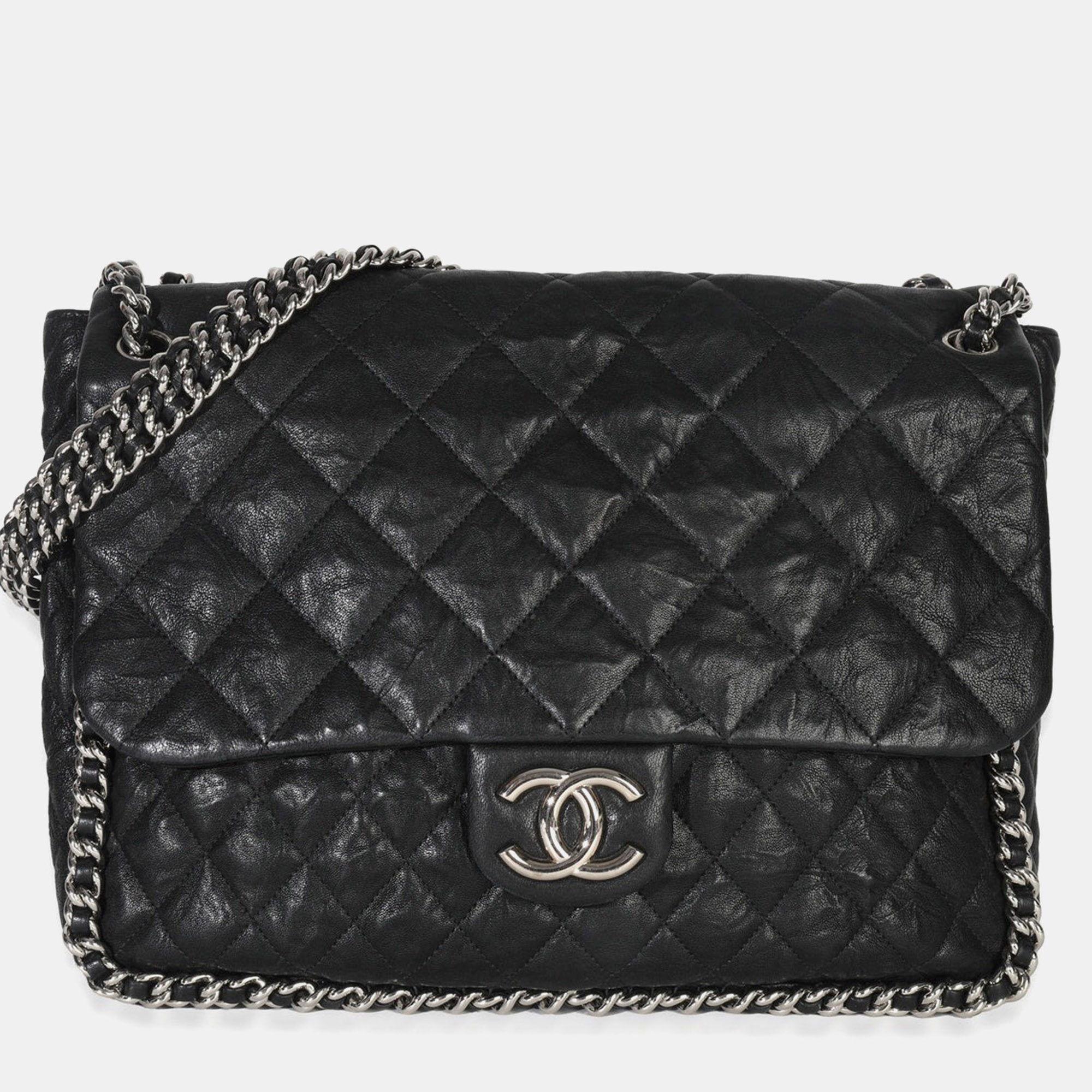 

Chanel Black Quilted Washed Lambskin Chain Around Maxi Flap Bag