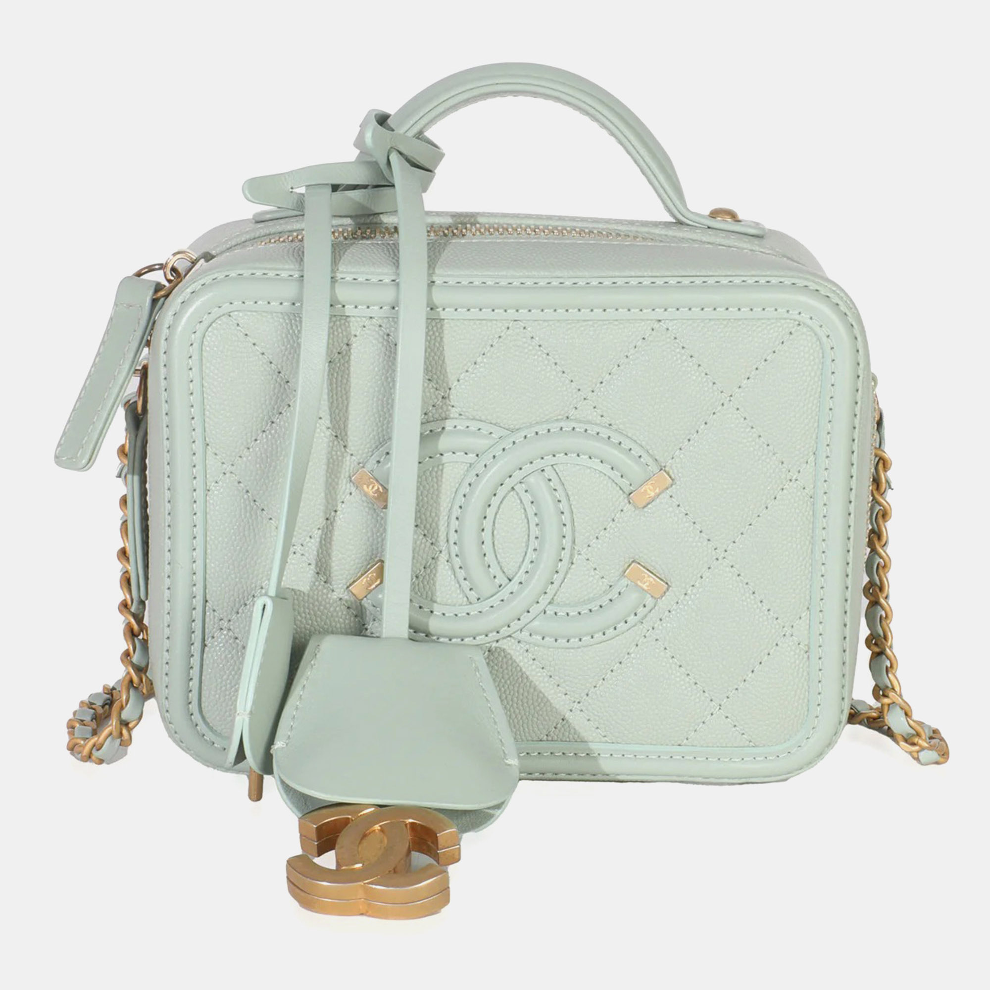 

Chanel Mint Quilted Caviar Small CC Filigree Vanity Case, Green
