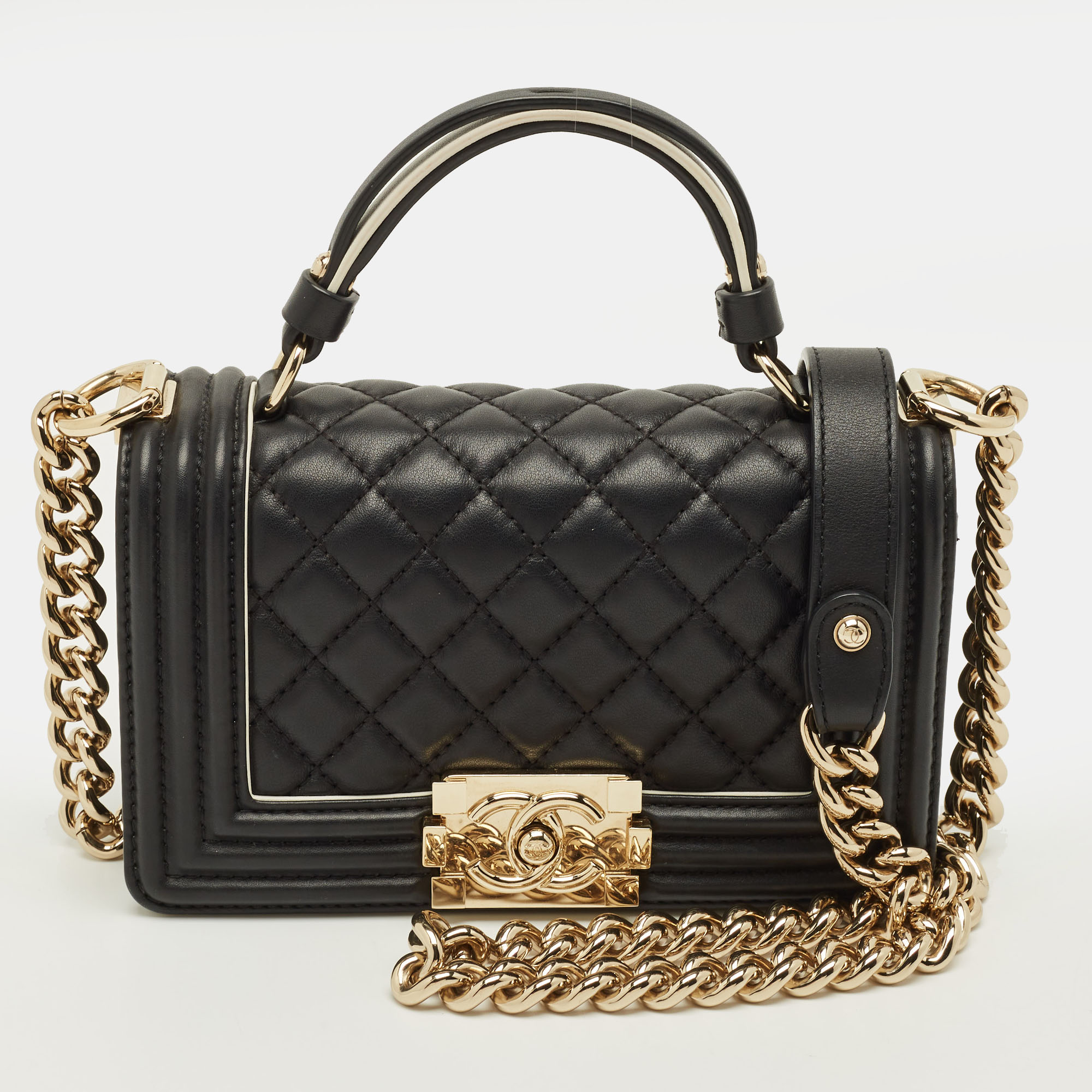 

Chanel Boy Small Black/White Quilted Leather Top Handle Bag