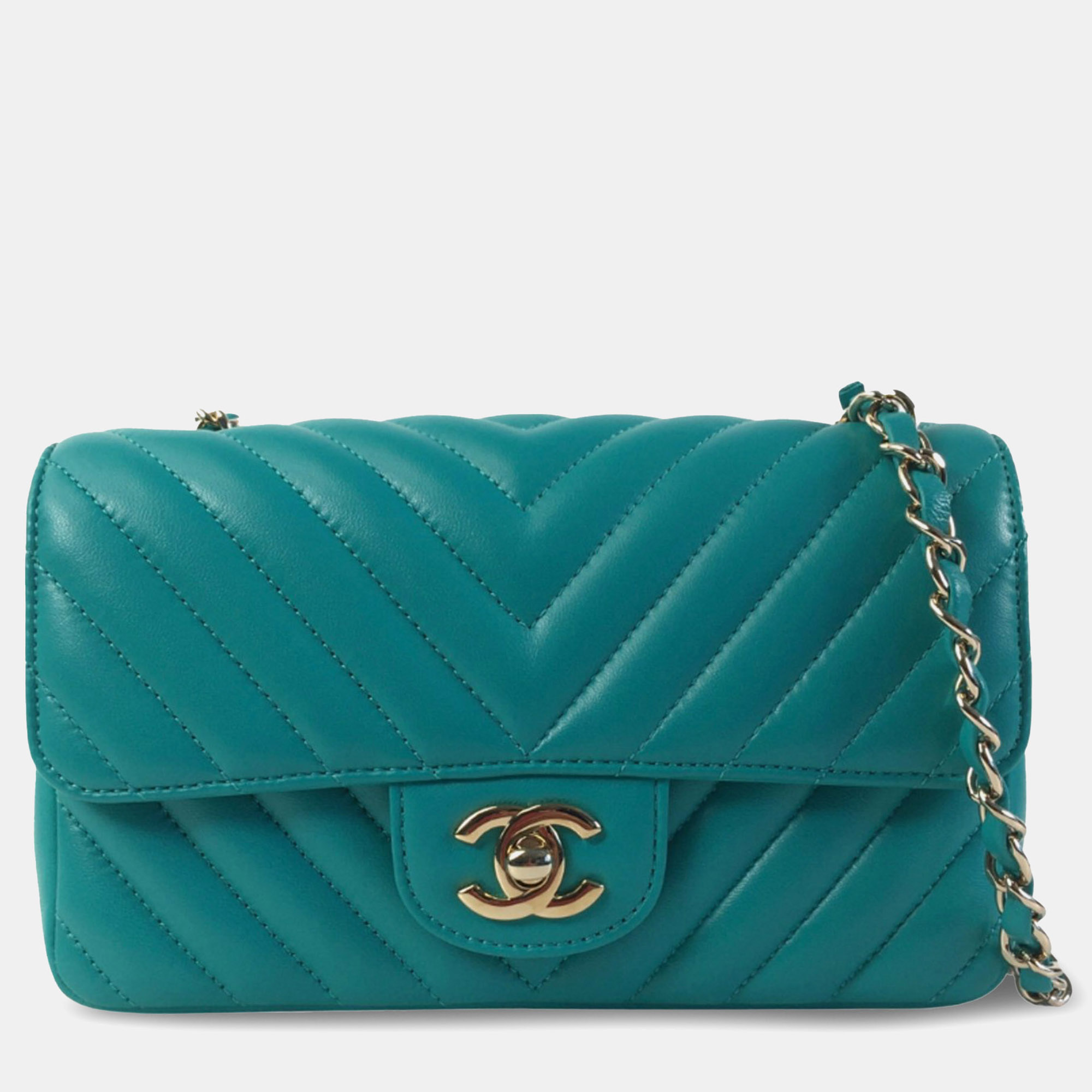 

Chanel Green Mini Rectangular Chevron Lambskin Single Flap