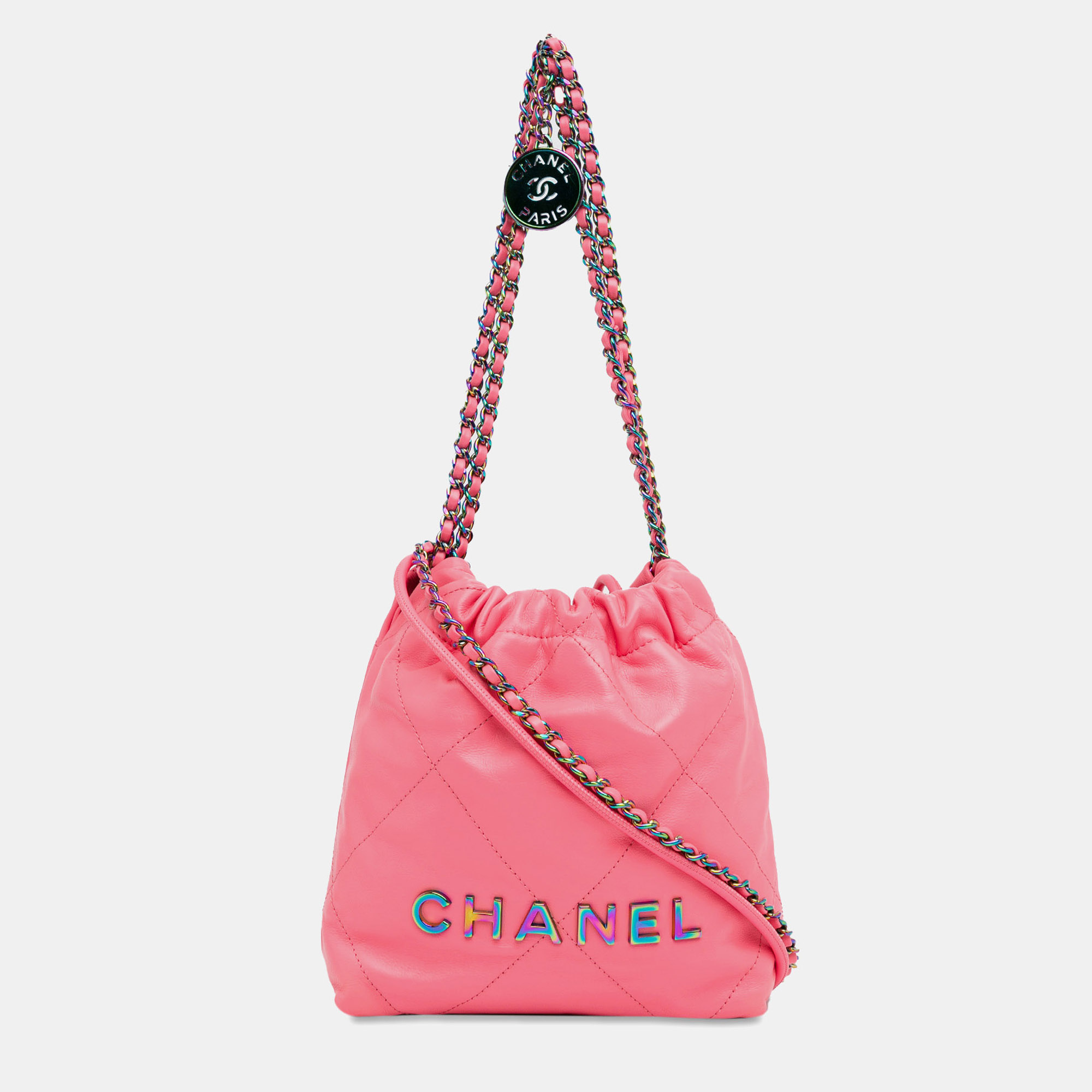 

Chanel Pink Mini Shiny Calfskin Rainbow Hardware 22 Handbag
