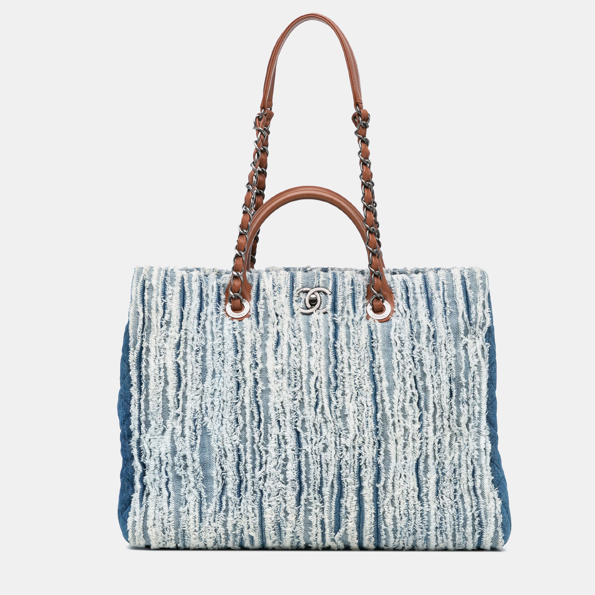 

Chanel Blue Brown Large Fringed Denim Shopping Tote