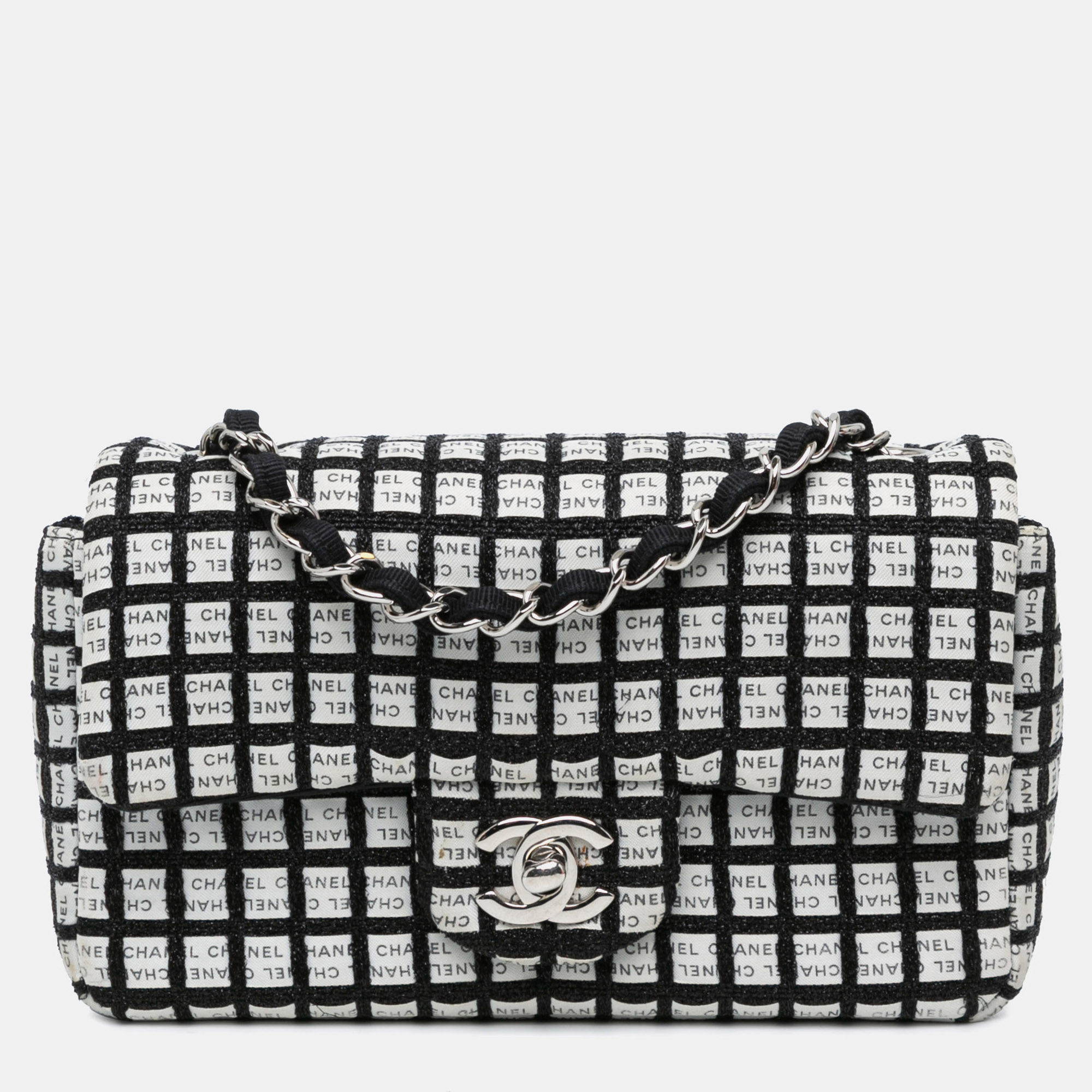 

Chanel Black White Mini Rectangular Classic Ribbon Tweed Double Flap