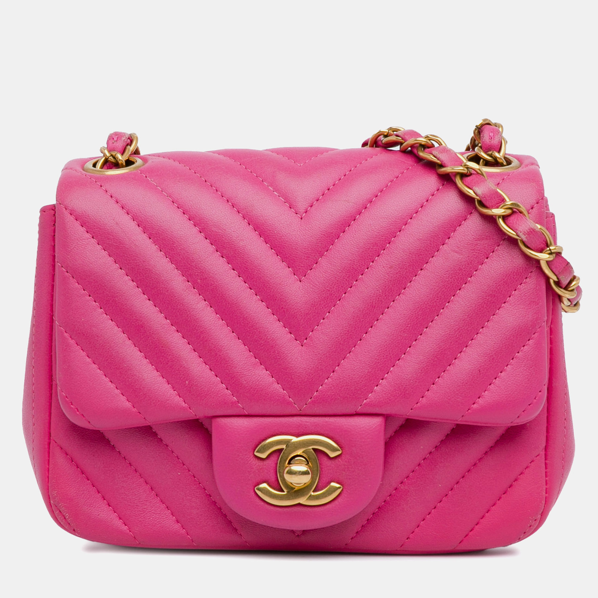 

Chanel Pink Mini Square Classic Chevron Lambskin Single Flap