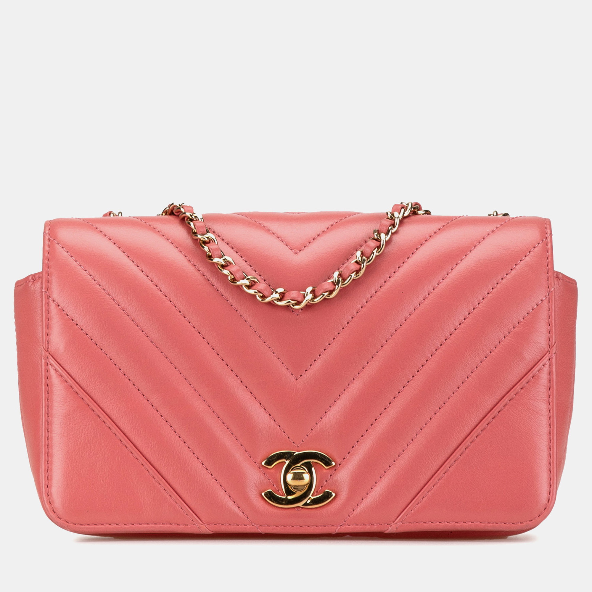 

Chanel Pink Mini Chevron Calfskin Statement Flap
