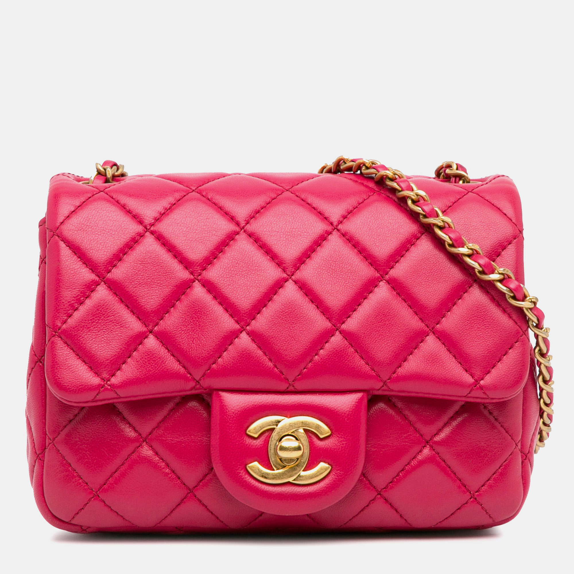 

Chanel Pink Mini Square Classic Lambskin Pearl Crush Single Flap