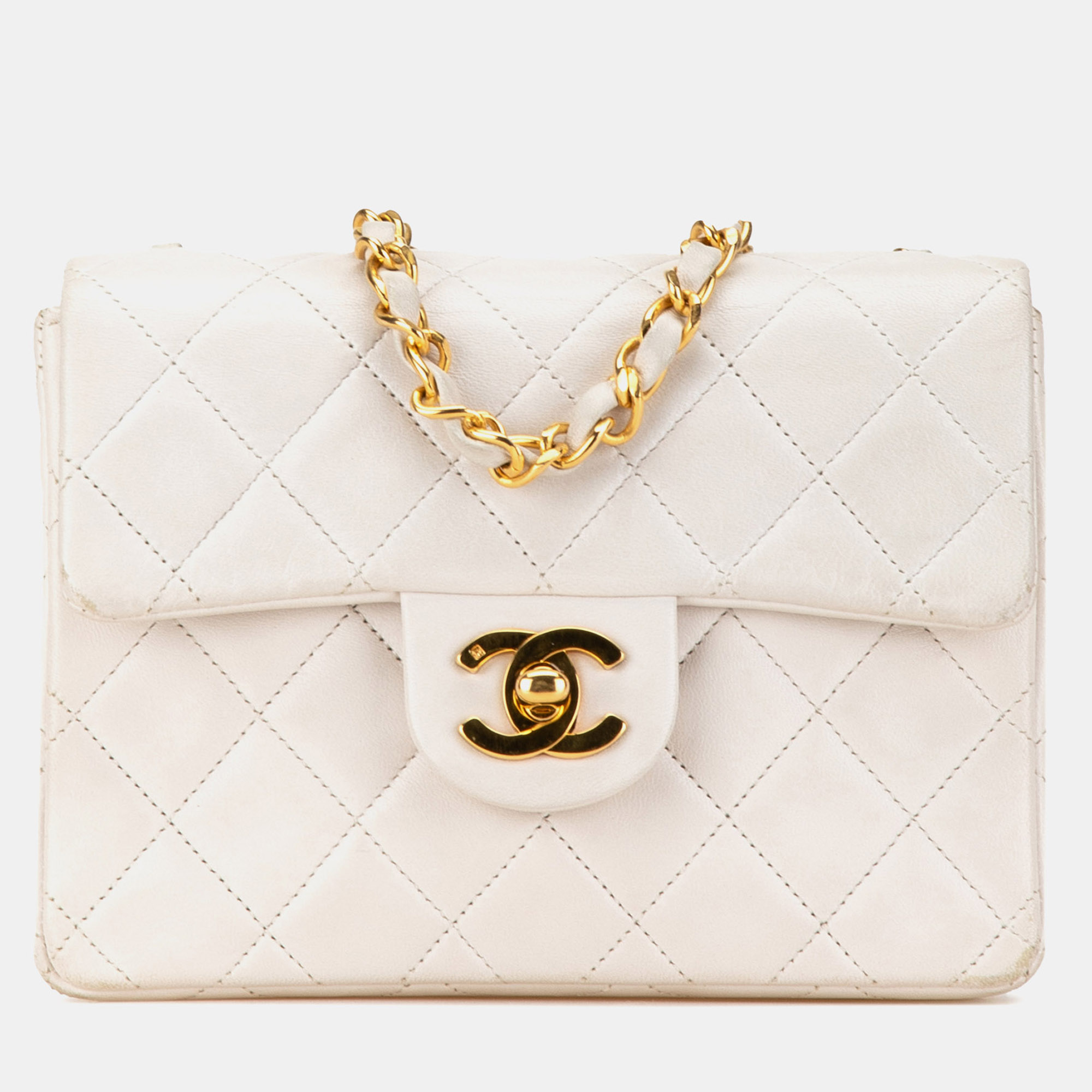 

Chanel White Mini Square Classic Lambskin Single Flap