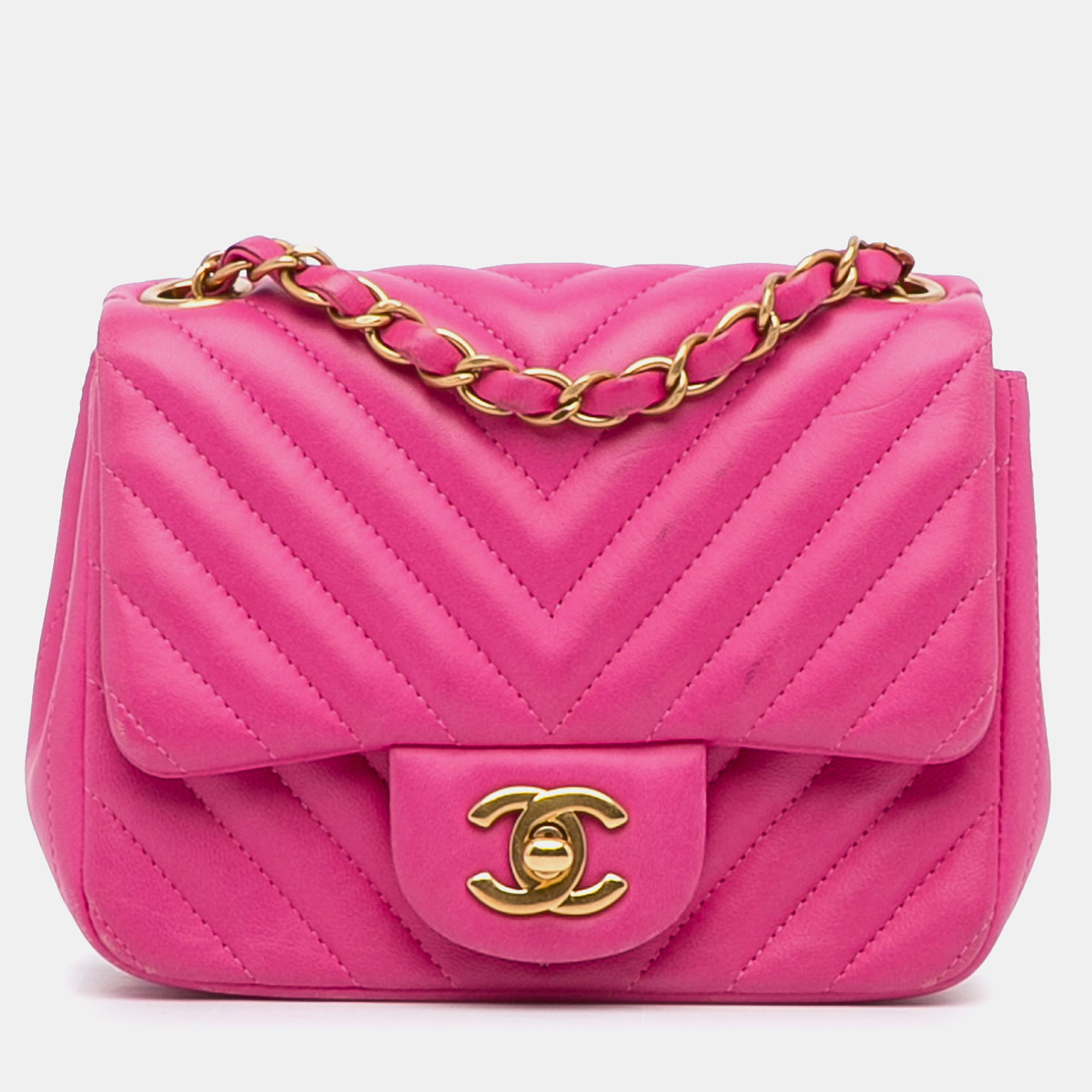 

Chanel Pink Mini Square Classic Chevron Lambskin Single Flap