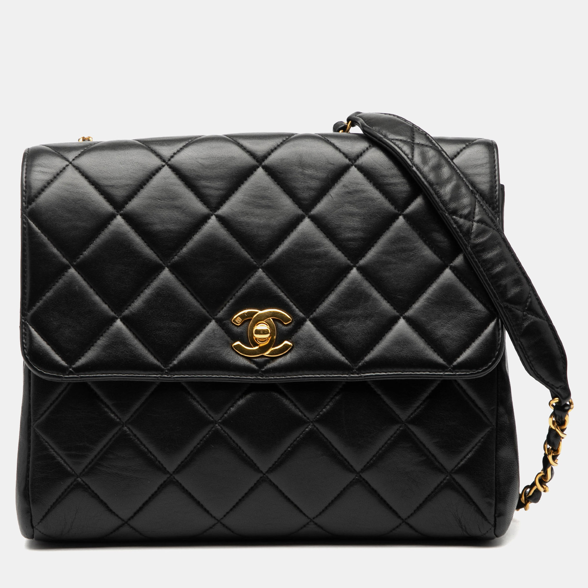 

Chanel Black Small Square Lambskin Straight Single Flap