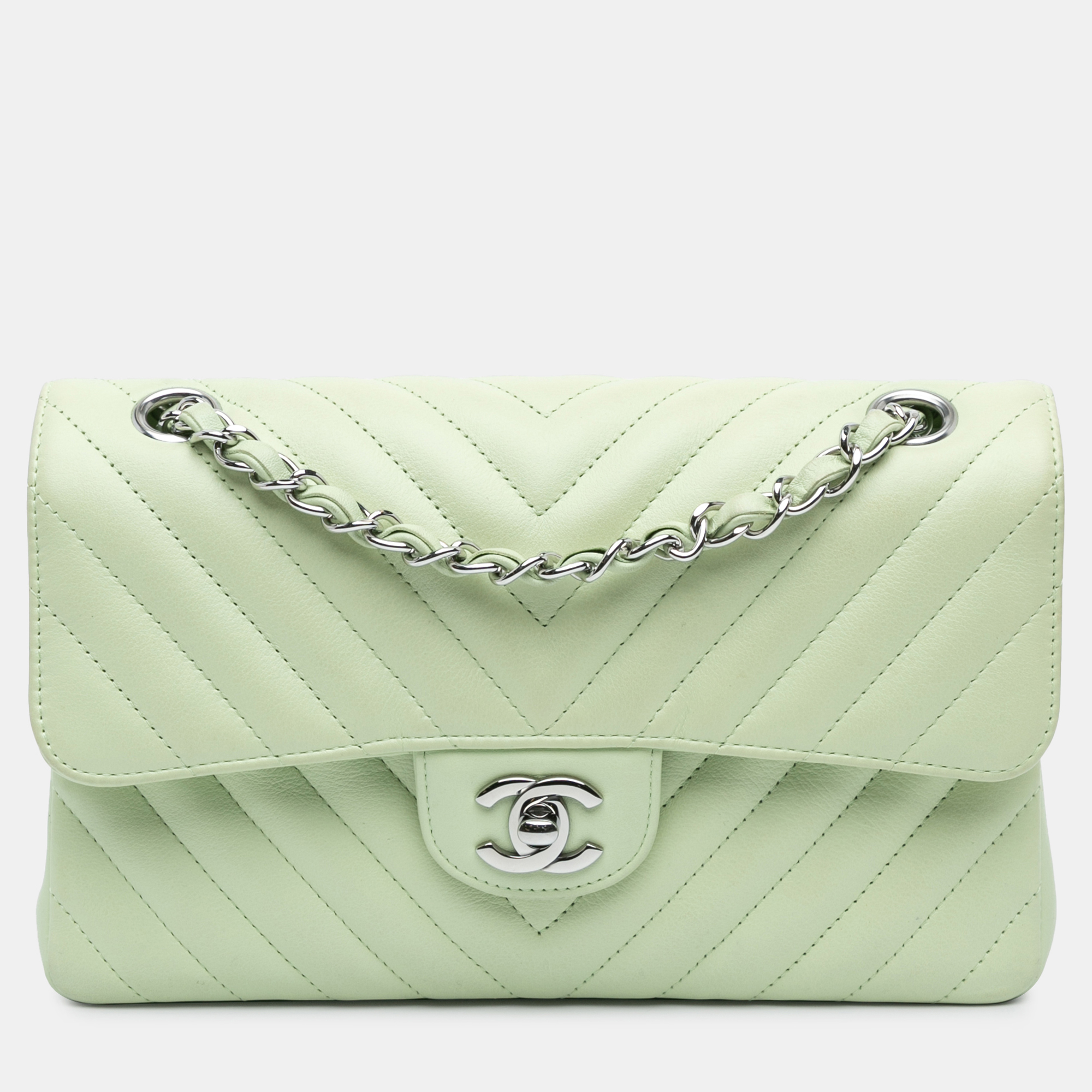 

Chanel Green Small Classic Chevron Lambskin Double Flap