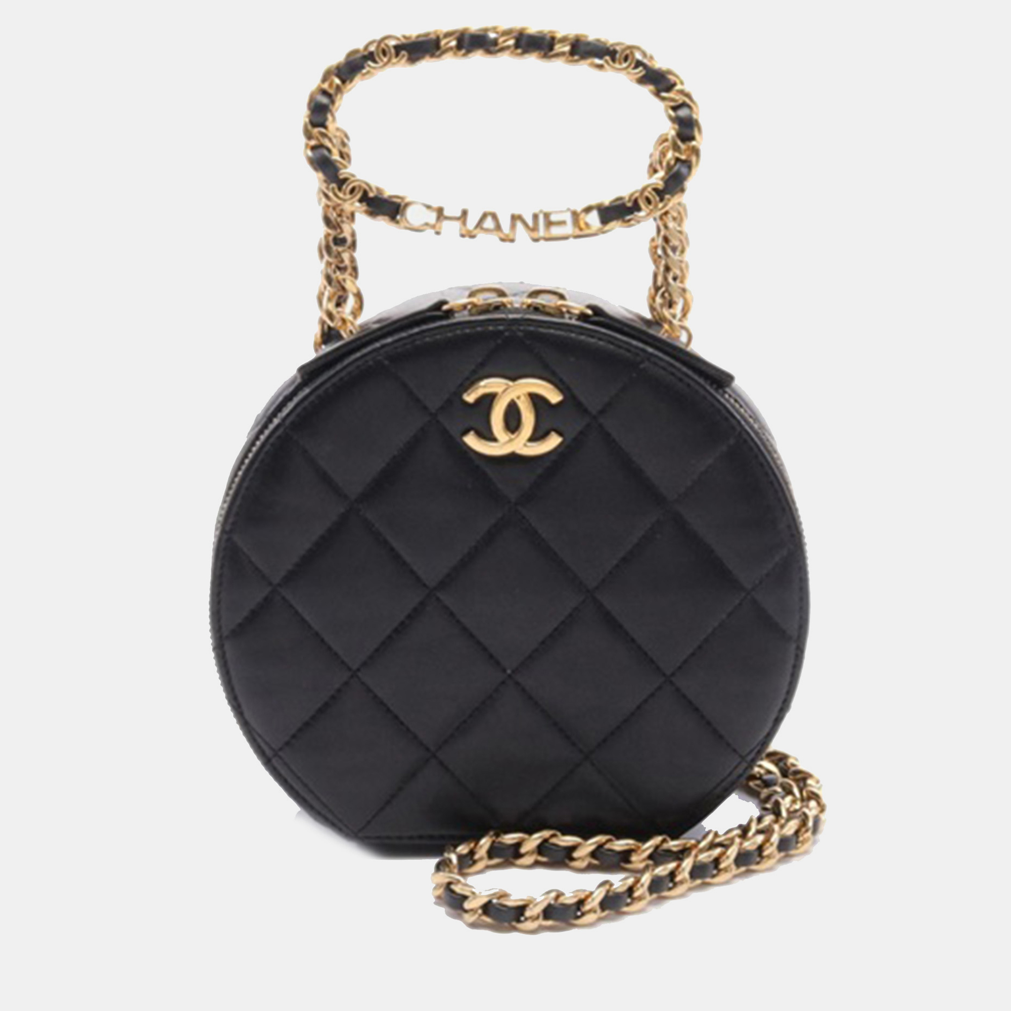 

Chanel Black Quilted Lambskin Oval Logo Chain Top Handle Round Clutch on Chain