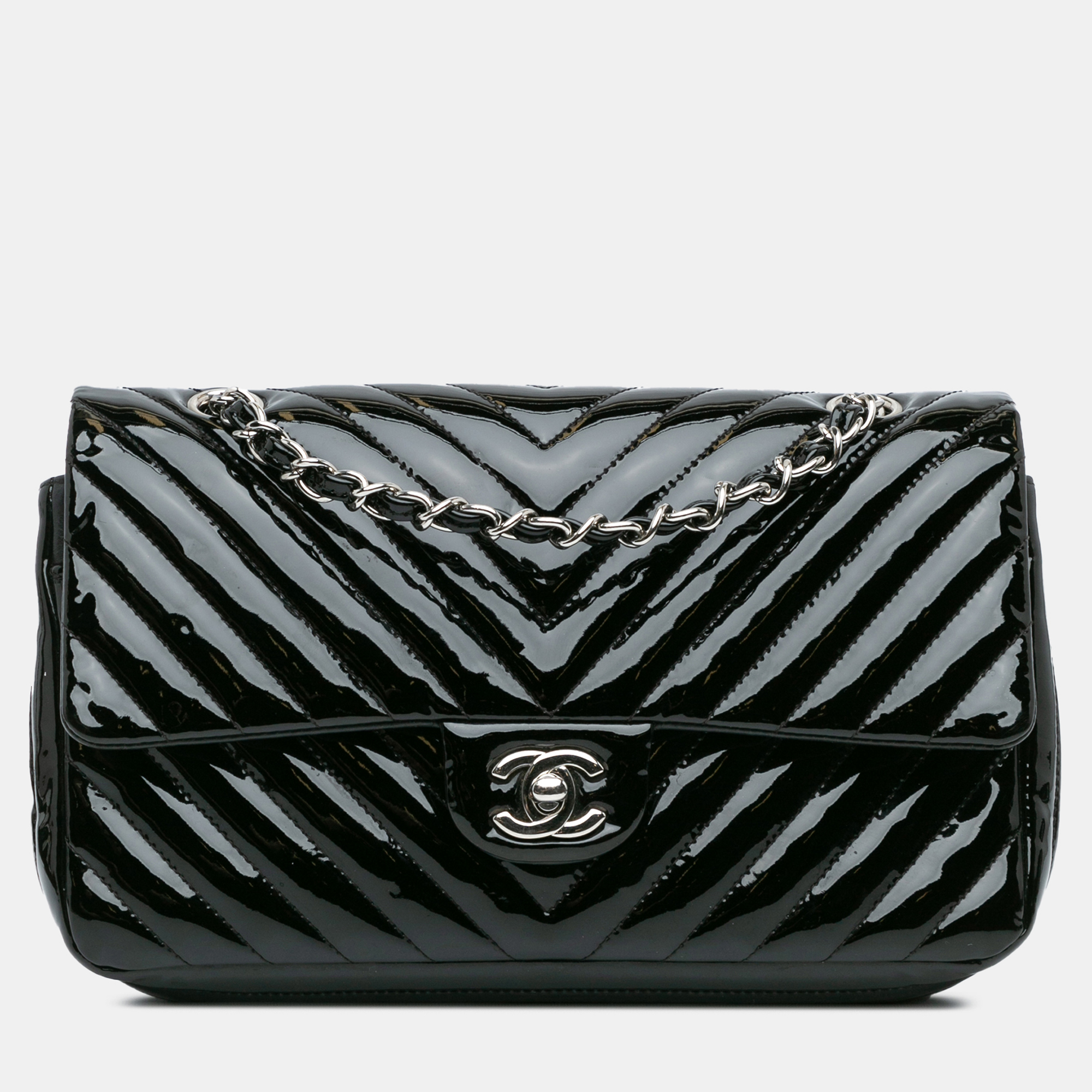 

Chanel Black Medium Classic Chevron Patent Double Flap