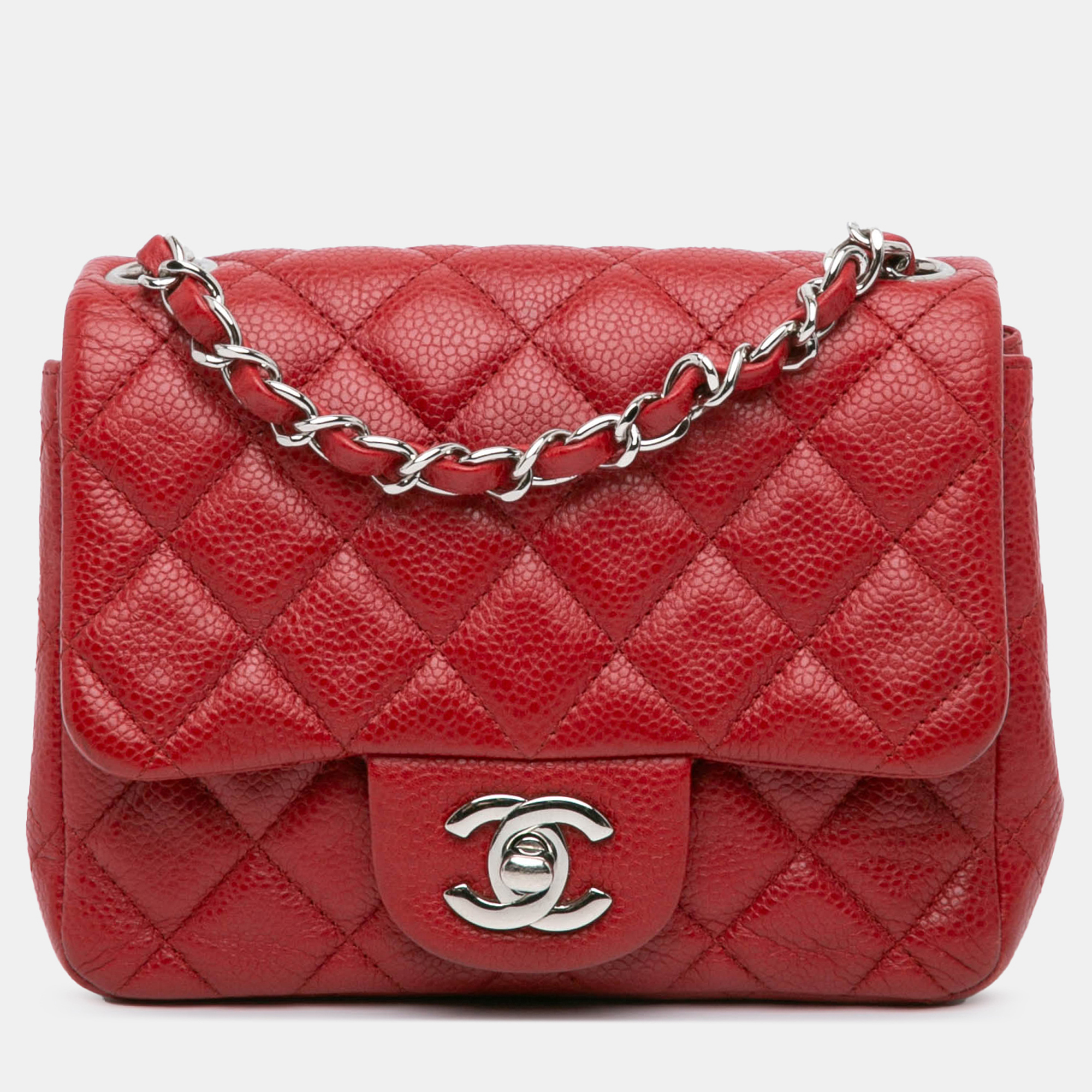 

Chanel Red Mini Square Classic Caviar Single Flap