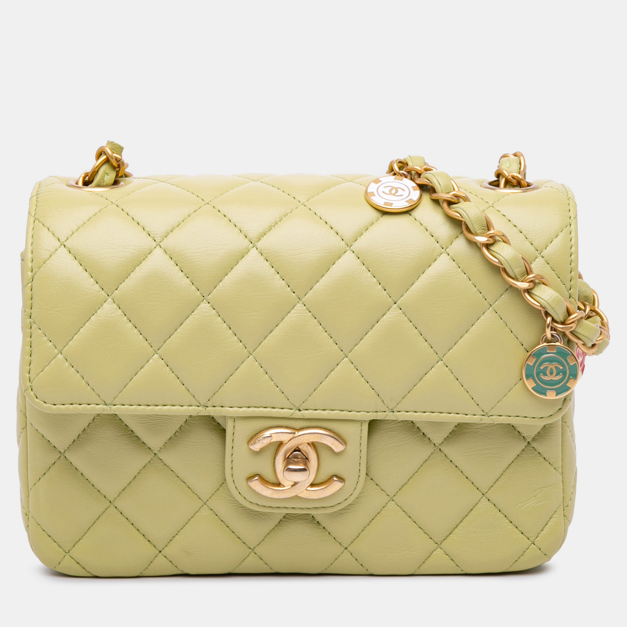 

Chanel Green Mini Square Lambskin Casino Royale Charms Single Flap