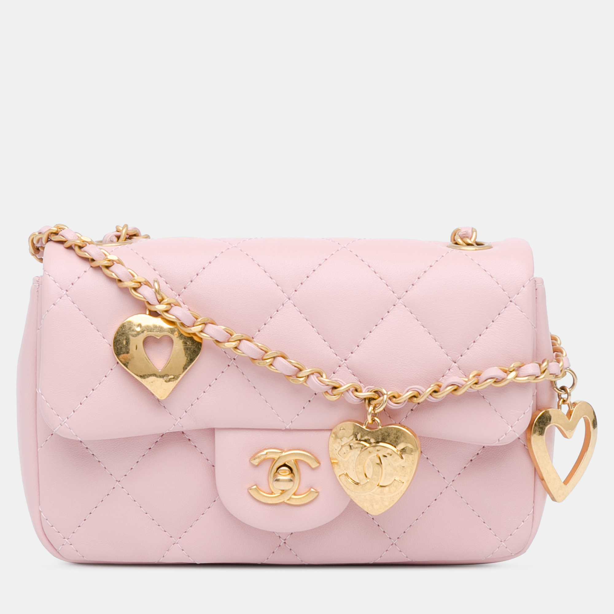 

Chanel Pink Mini Quilted Lambskin Heart Charms Flap