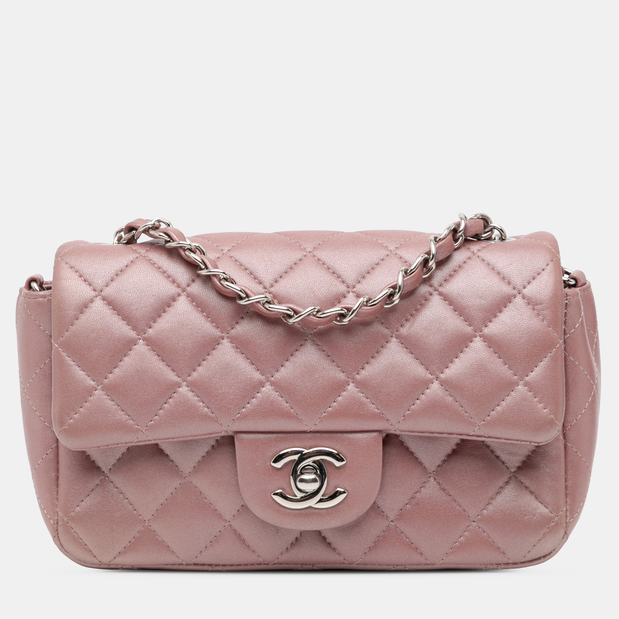 

Chanel Pink Mini Rectangular Classic Iridescent Lambskin Single Flap