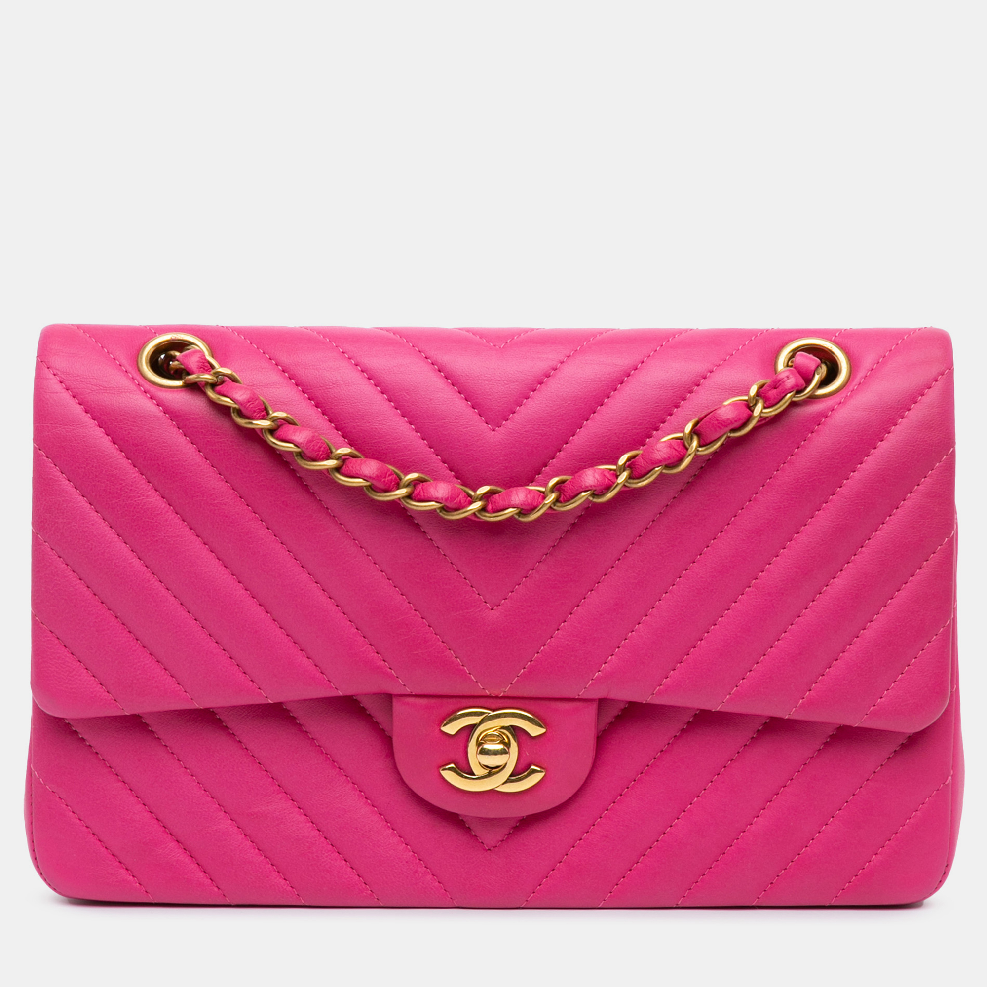 

Chanel Pink Medium Classic Chevron Lambskin Double Flap