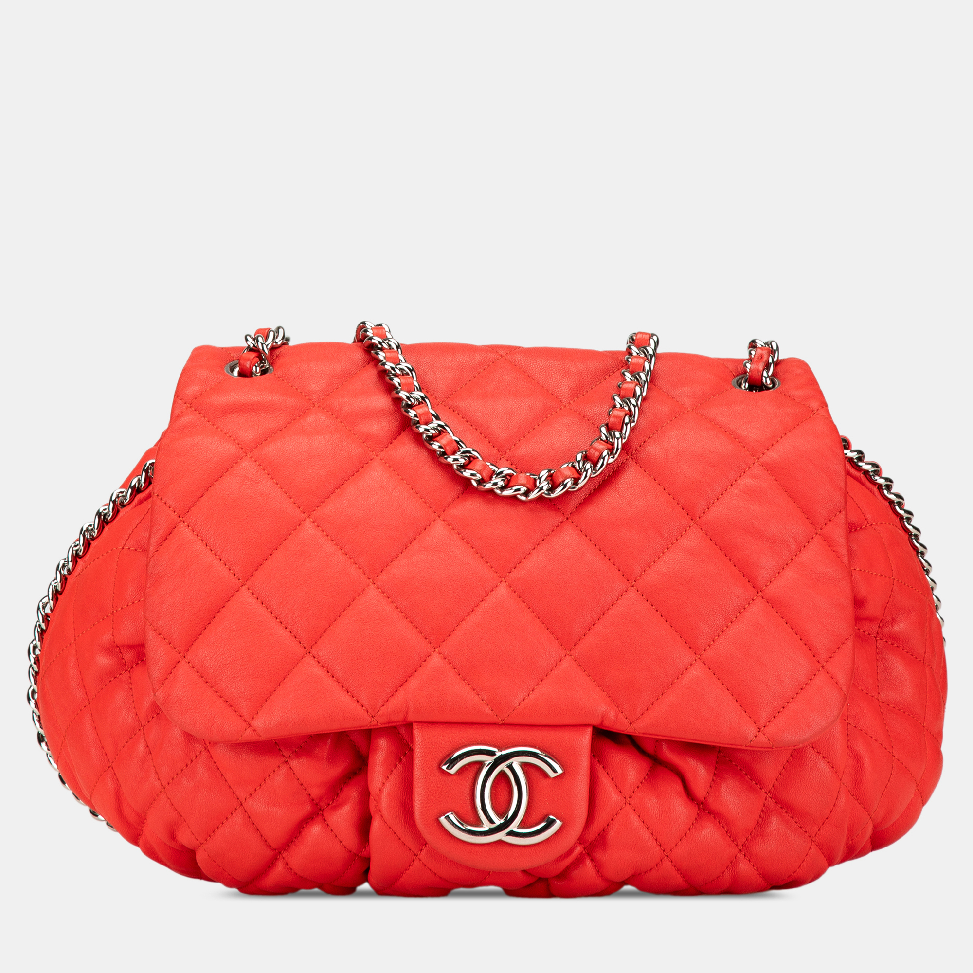 

Chanel Red Large Quilted Lambskin Chain Around Flap