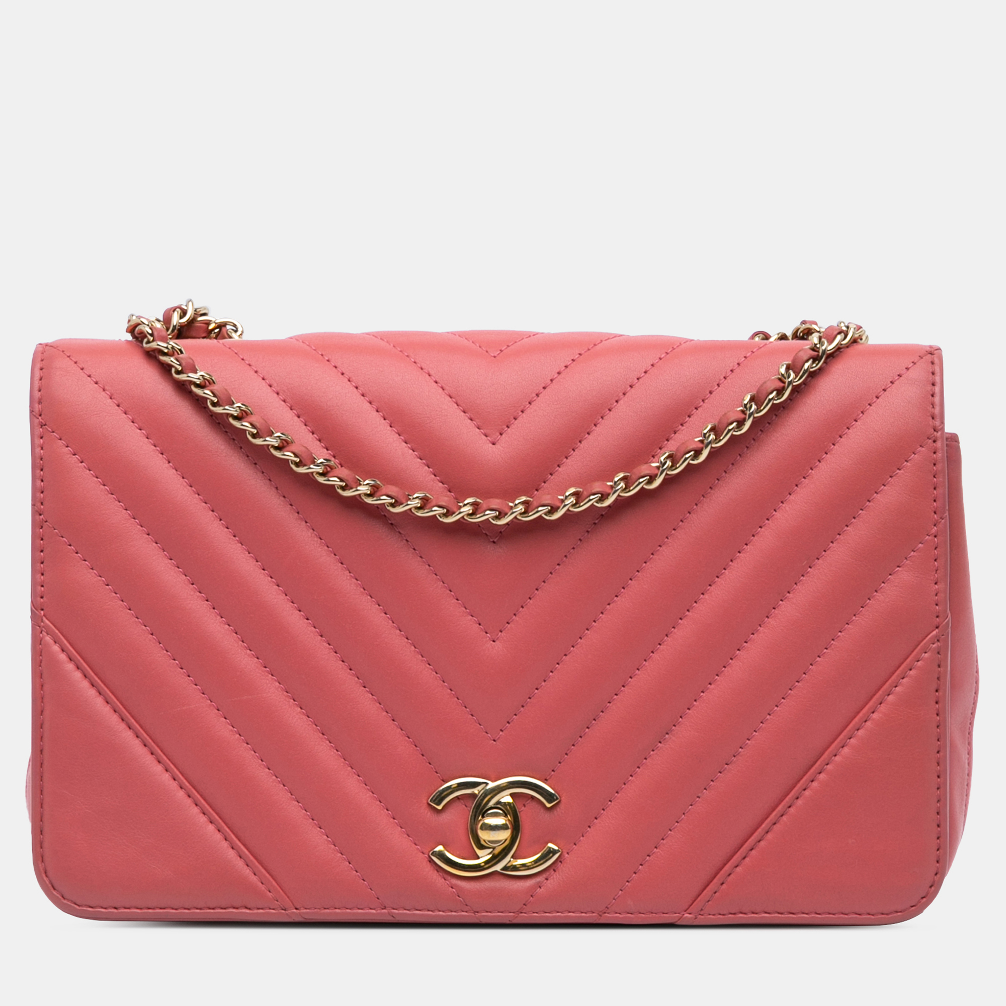 

Chanel Pink Medium Chevron Lambskin Statement Flap