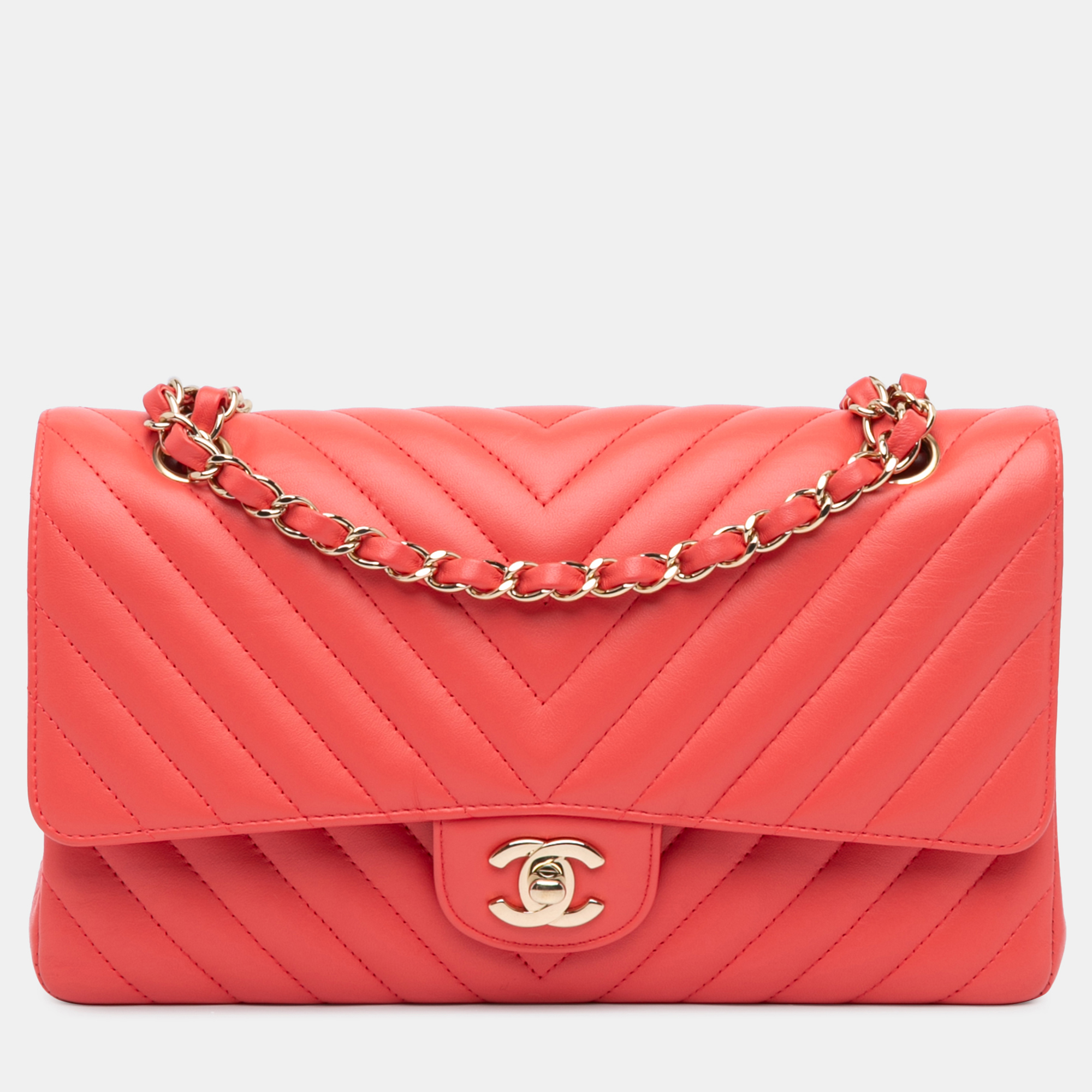 

Chanel Red Medium Classic Chevron Lambskin Double Flap