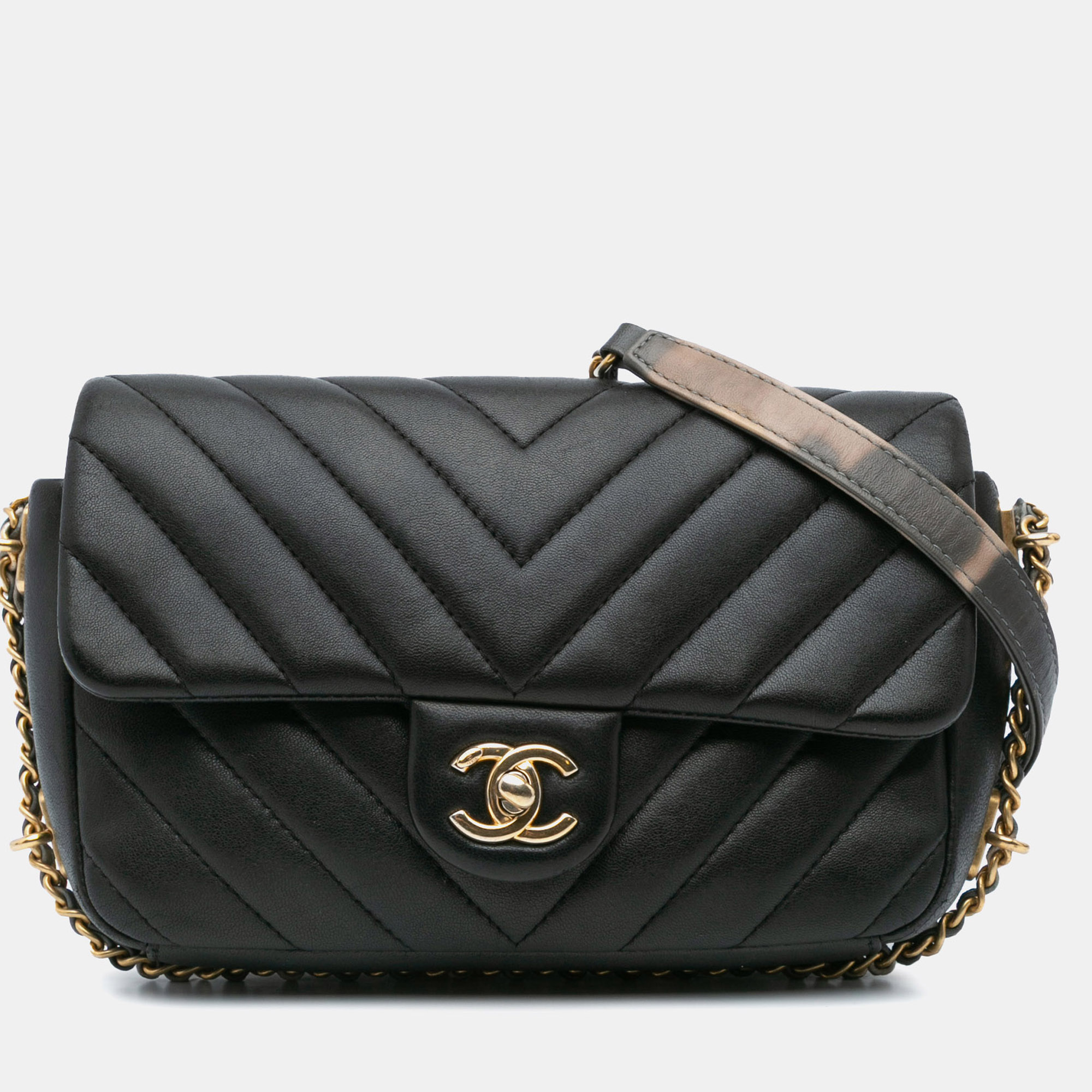 

Chanel Black Mini Rectangular Chevron Lambskin Chain Around Flap