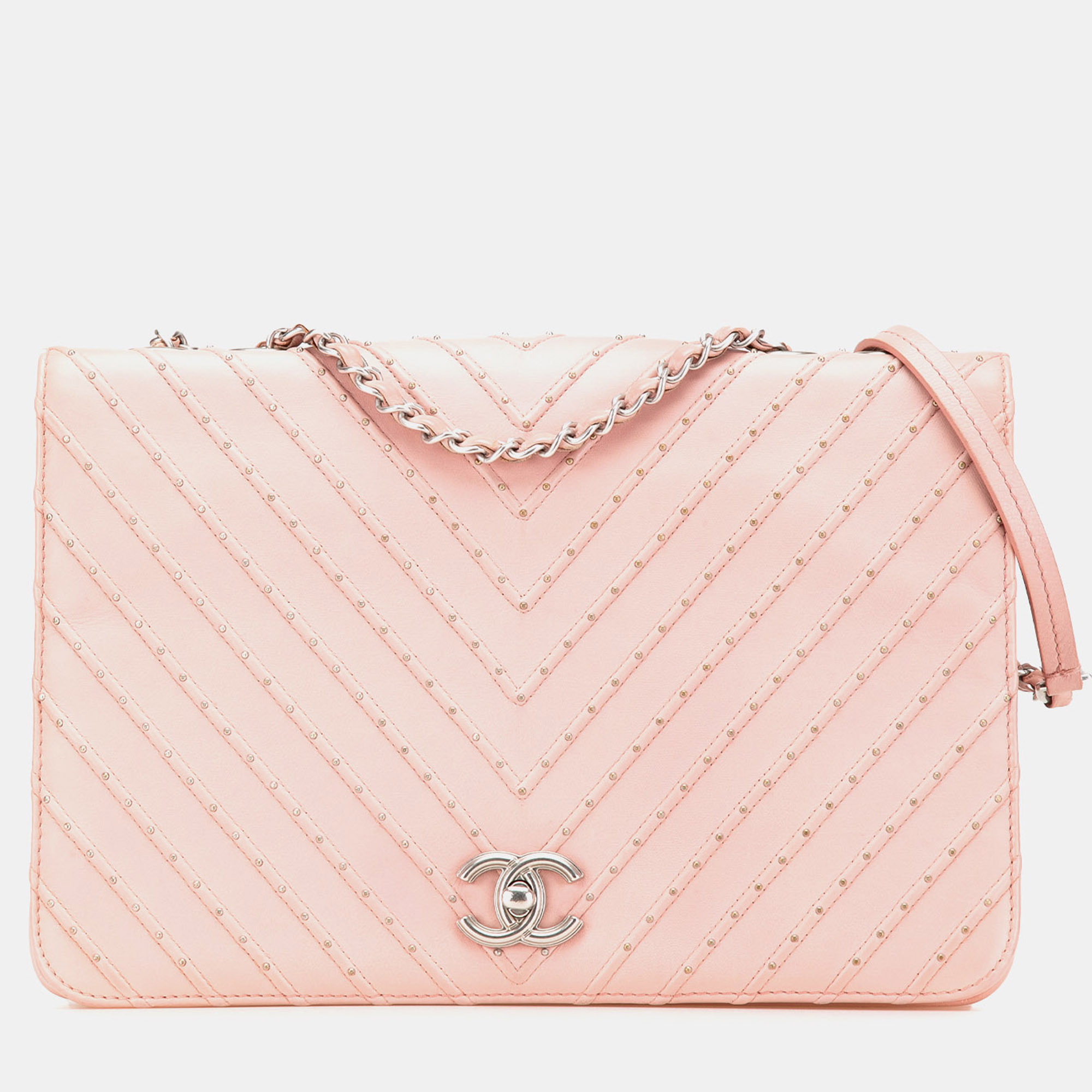 

Chanel Pink Chevron Calfskin Studded Full Flap