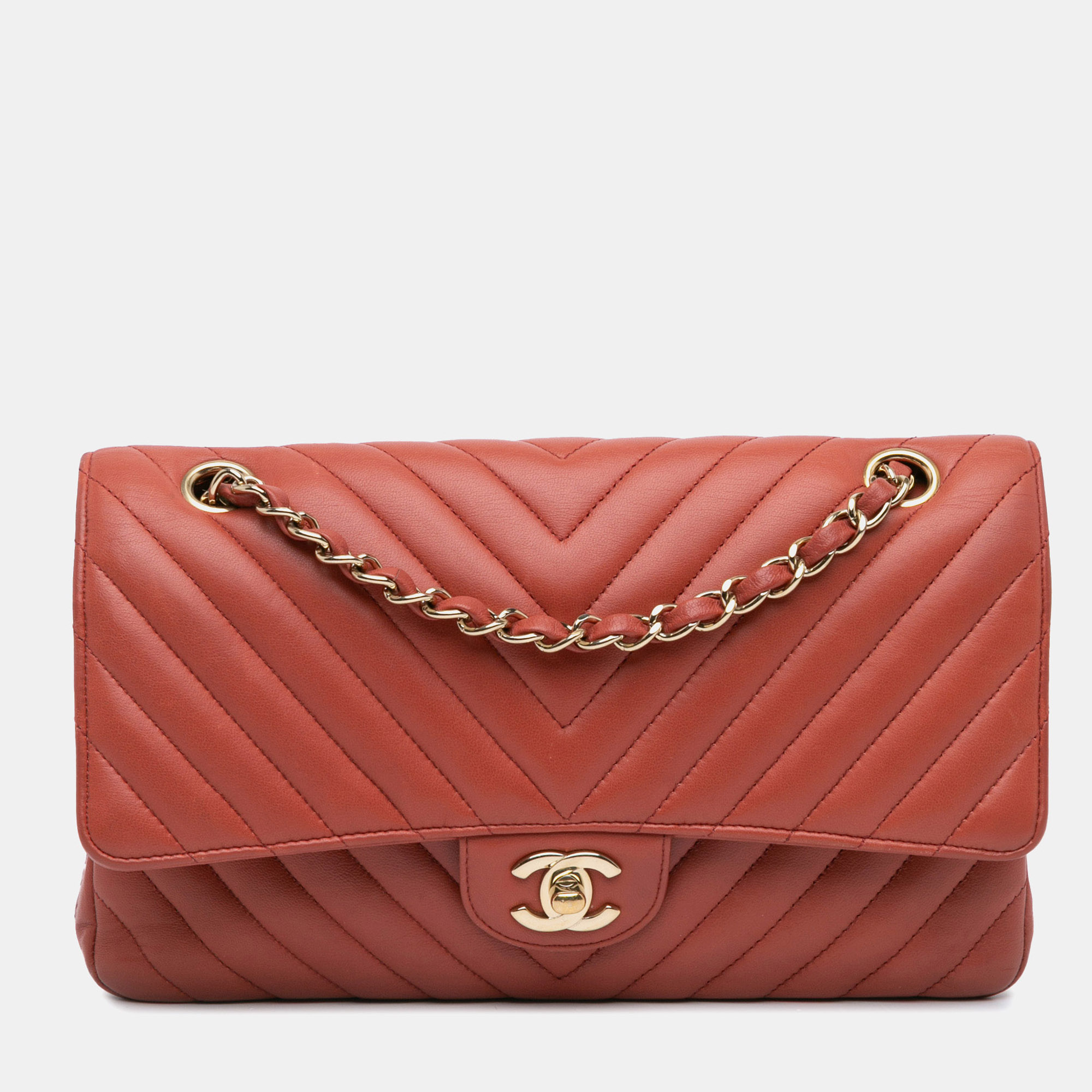 

Chanel Orange Medium Classic Chevron Lambskin Double Flap
