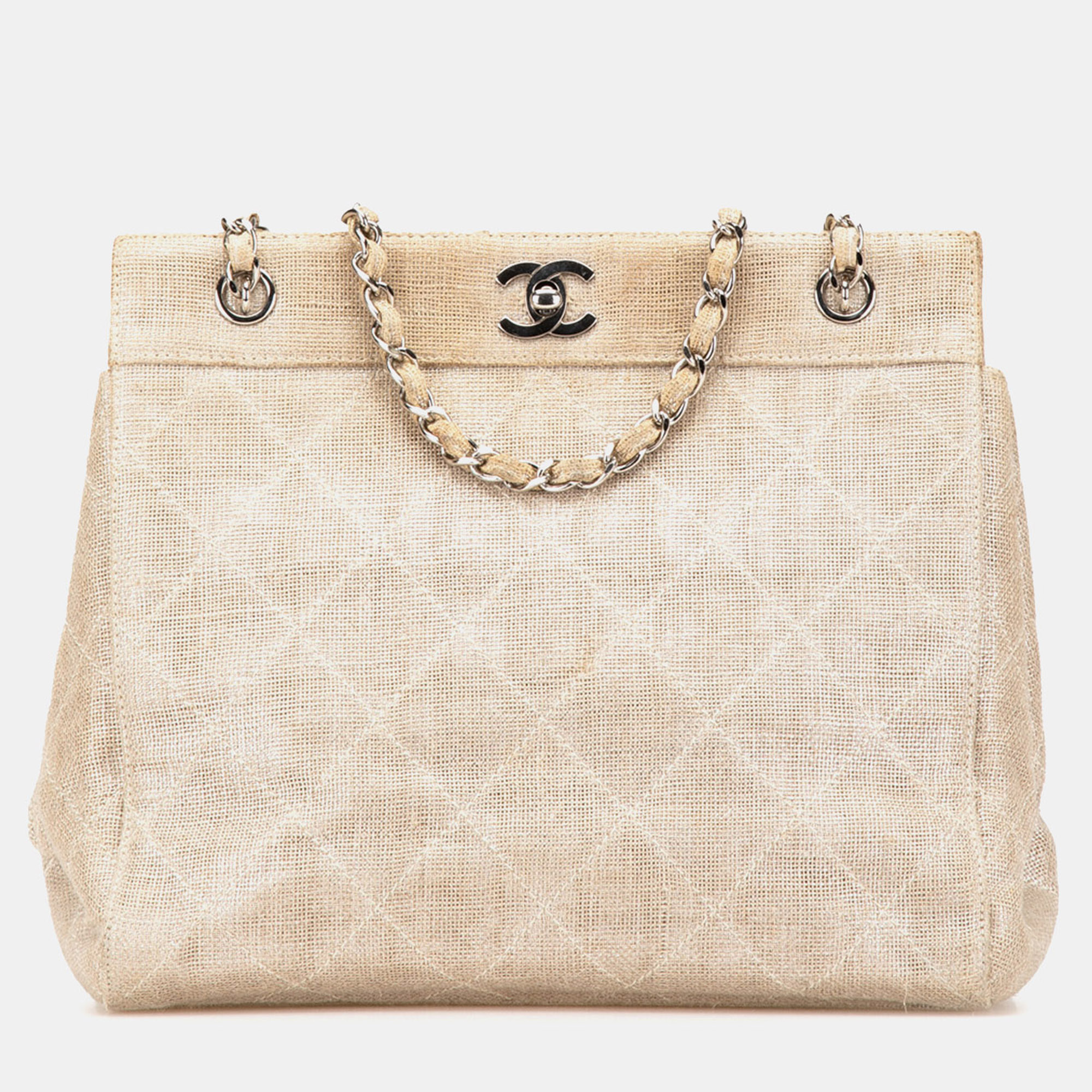 

Chanel Brown CC Stitched Linen Chain Tote