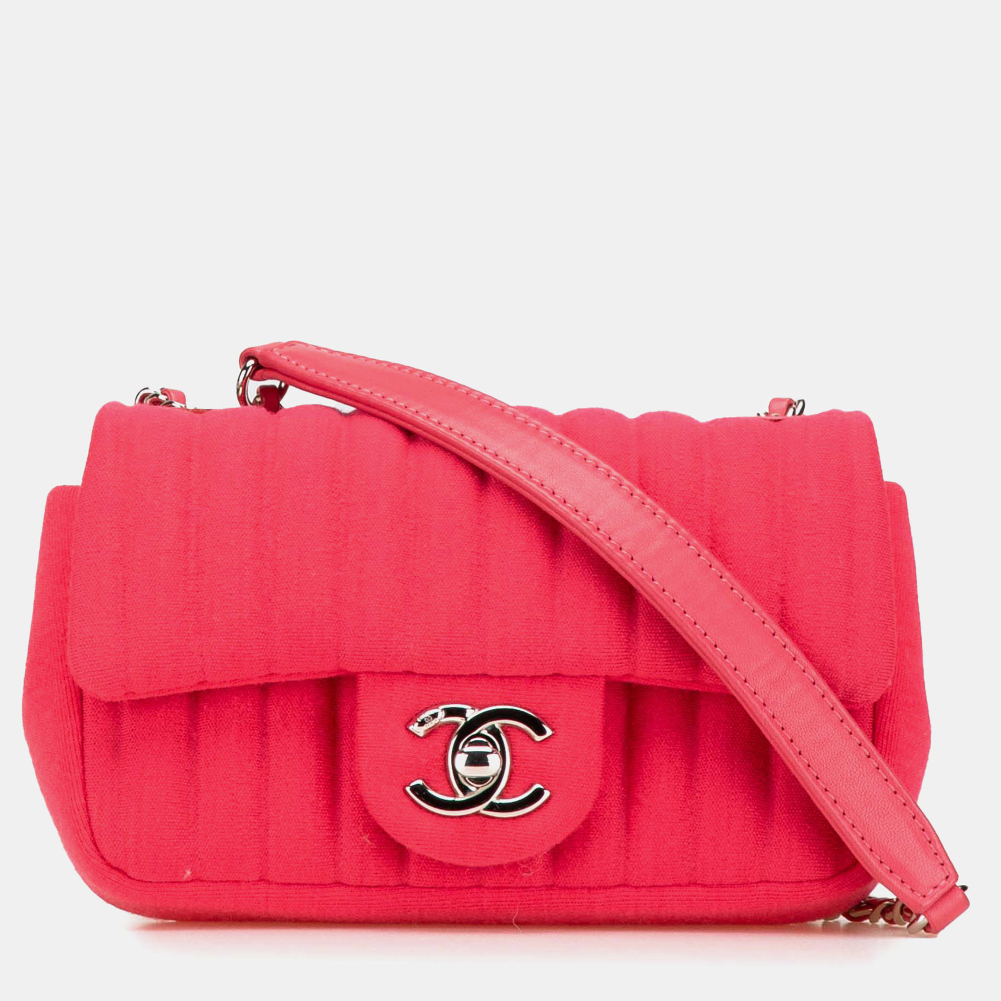 

Chanel Pink Mini Vertical Quilted Jersey Single Flap