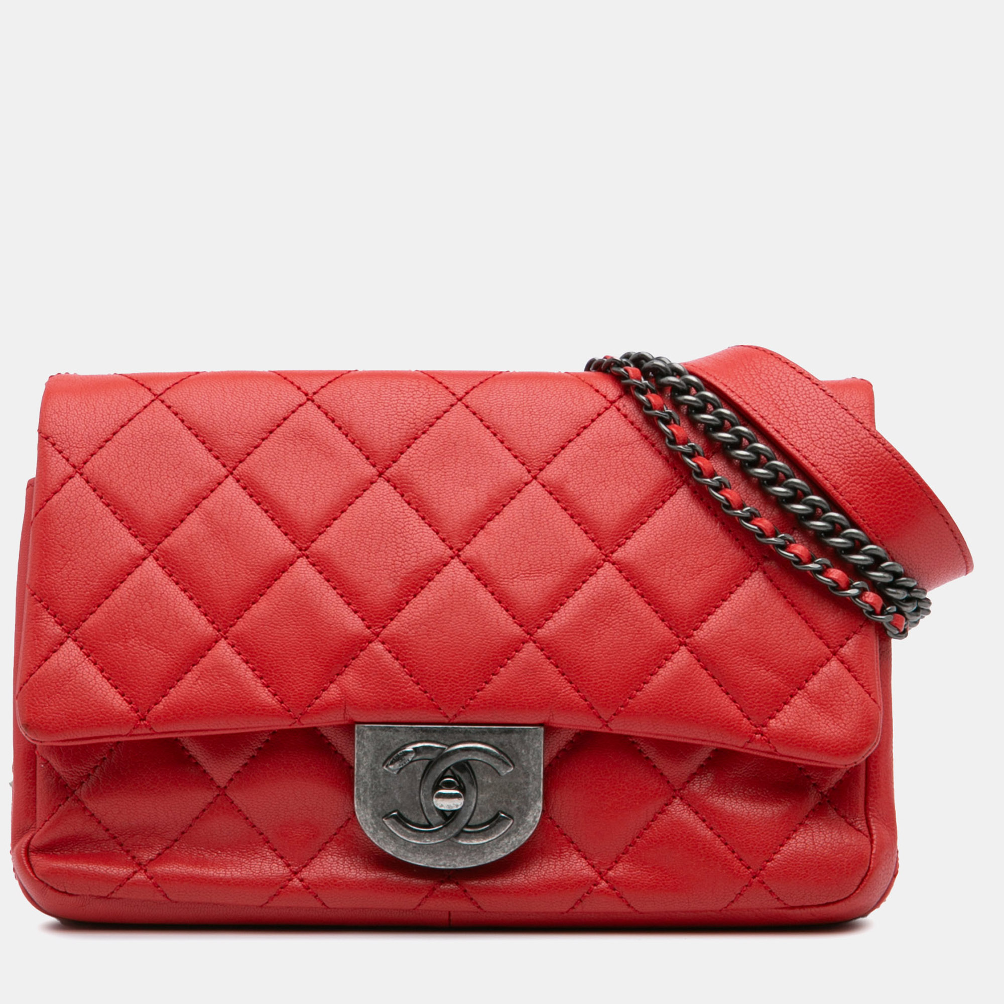 

Chanel Red Small Quilted Goatskin Double Carry Waist Chain Flap