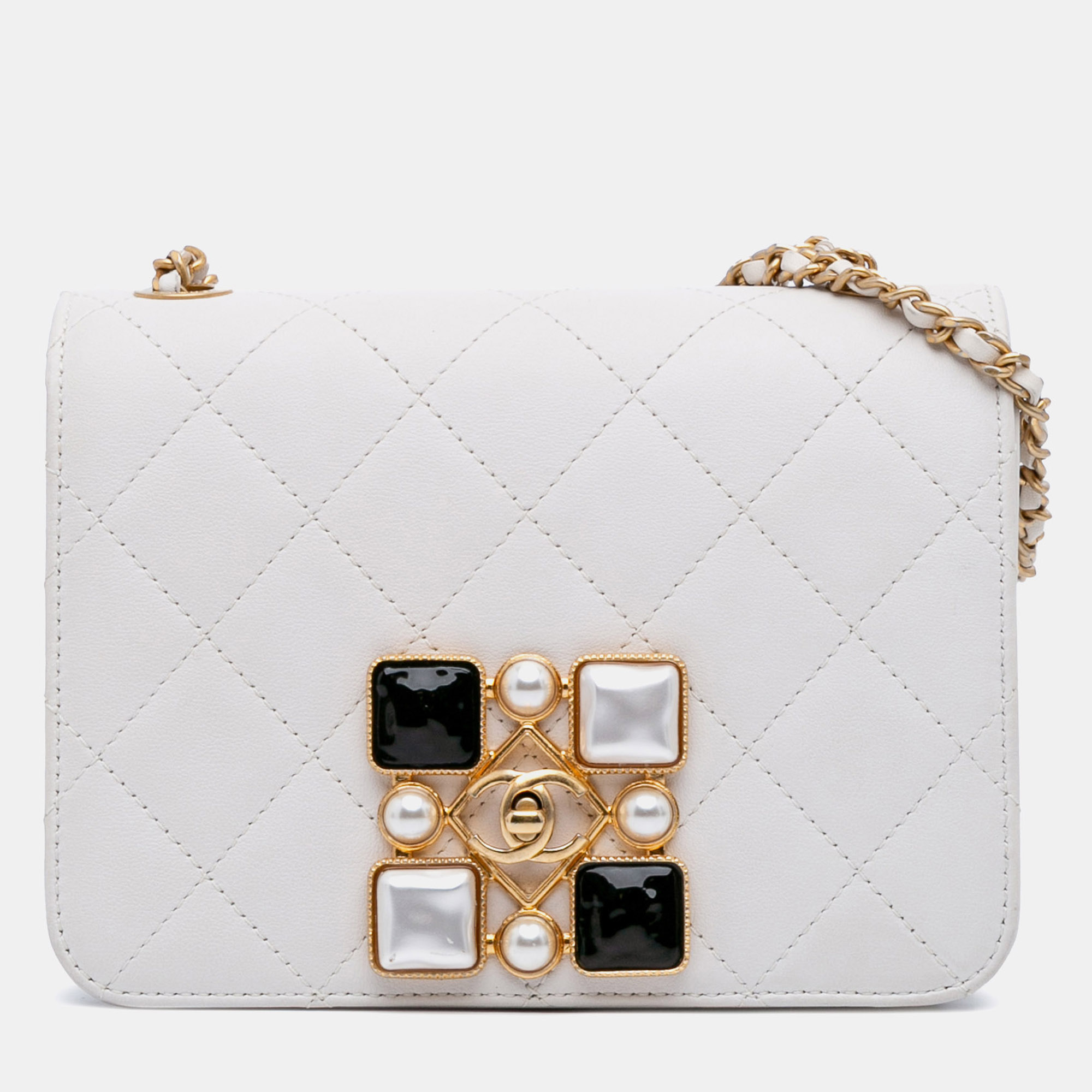 

Chanel White Small CC Quilted Calfskin Crystal Pearl Full Flap