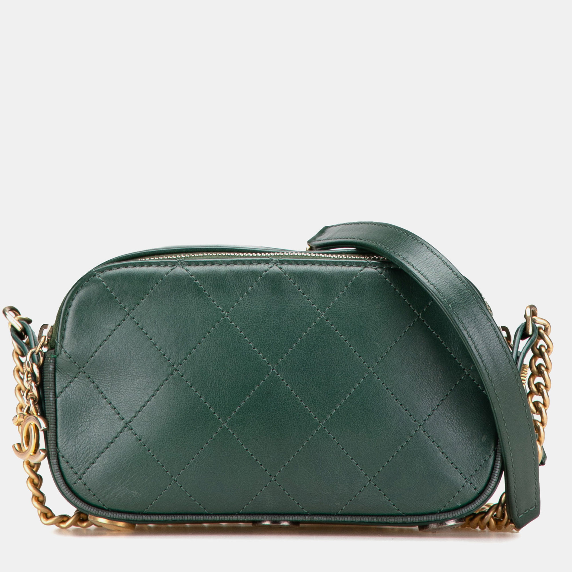 

Chanel Green Stitched Calfskin and Grosgrain Button Up Double Zip Camera Bag