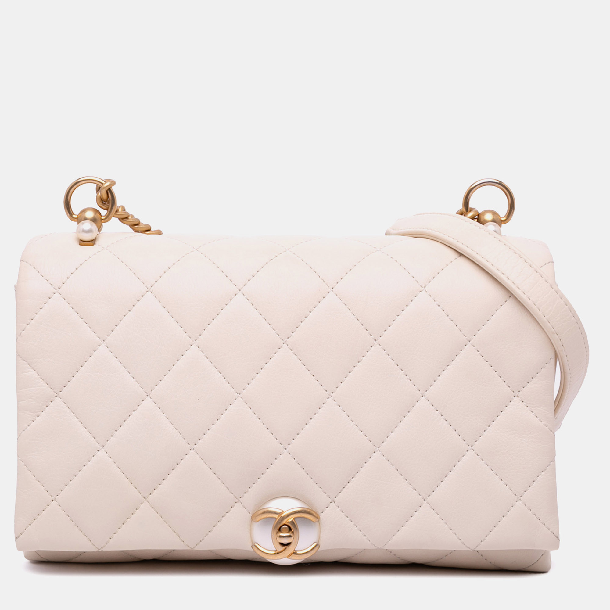 

Chanel White Small Quilted Calfskin Pearl CC Accordion Flap