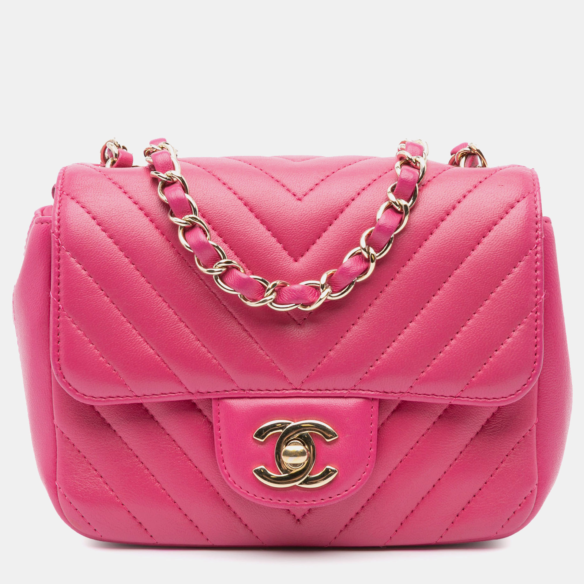 

Chanel Pink Mini Square Classic Chevron Lambskin Single Flap