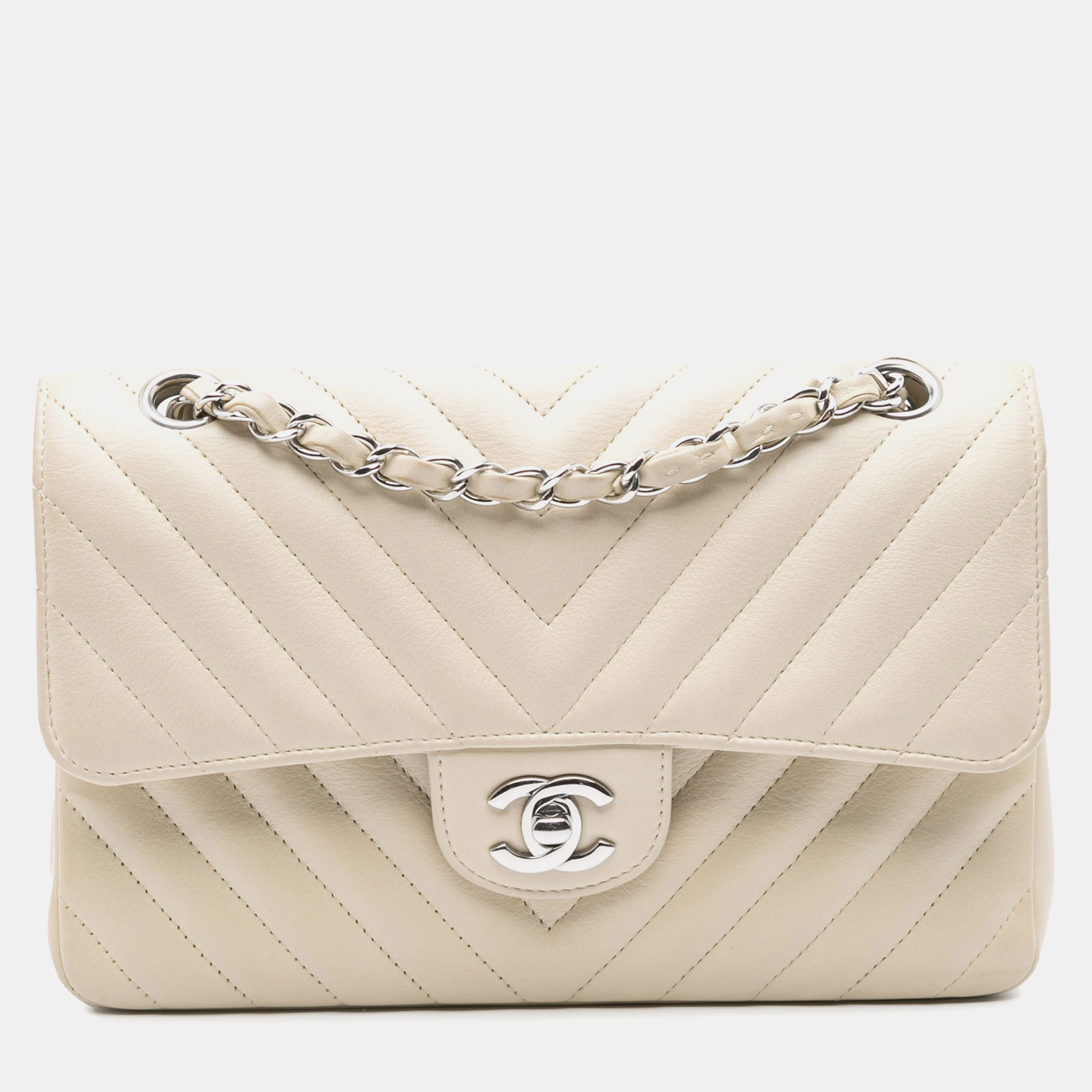 

Chanel White Small Classic Chevron Lambskin Double Flap