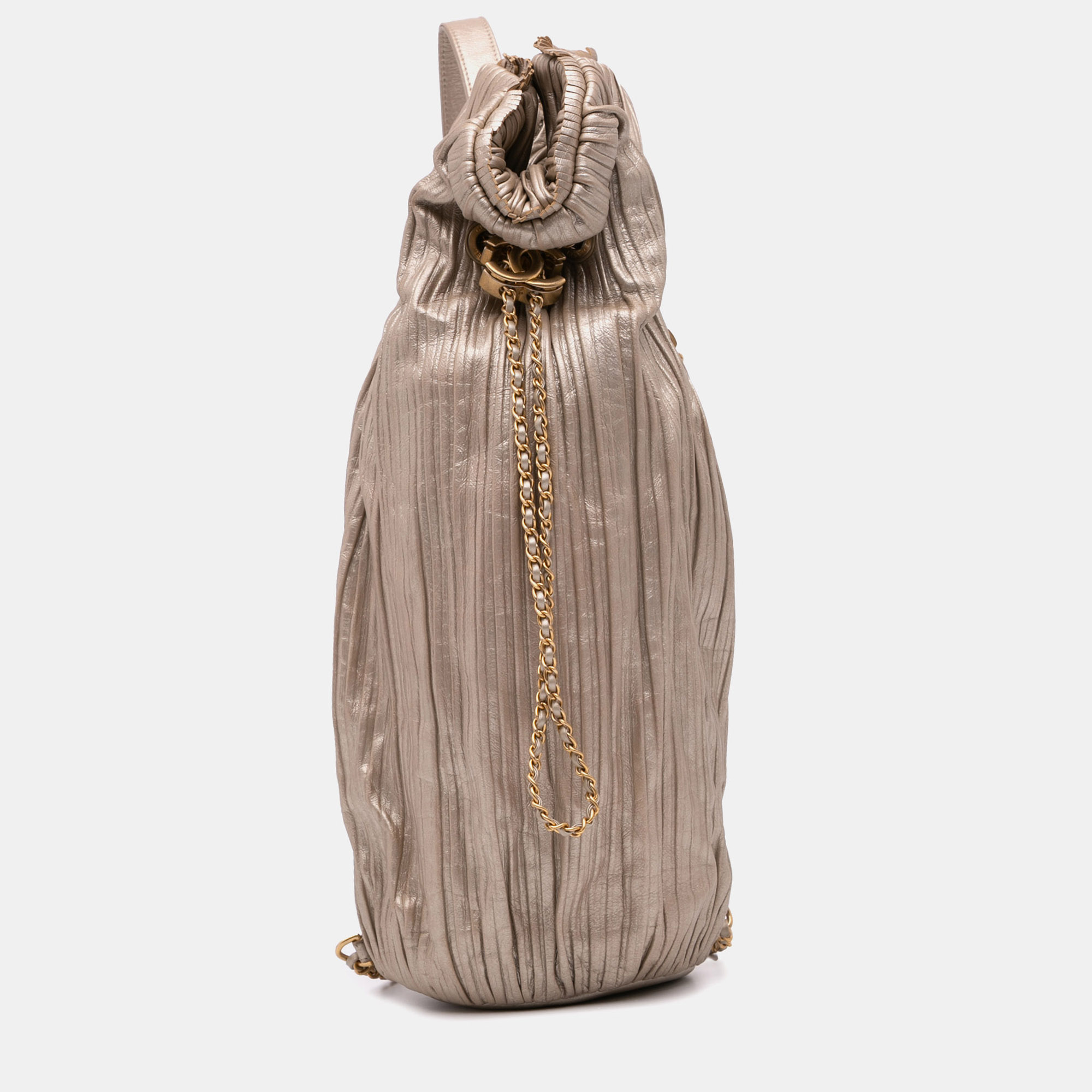 Pre-owned Chanel Gold Medium Metallic Calfskin Coco Pleats Drawstring Backpack