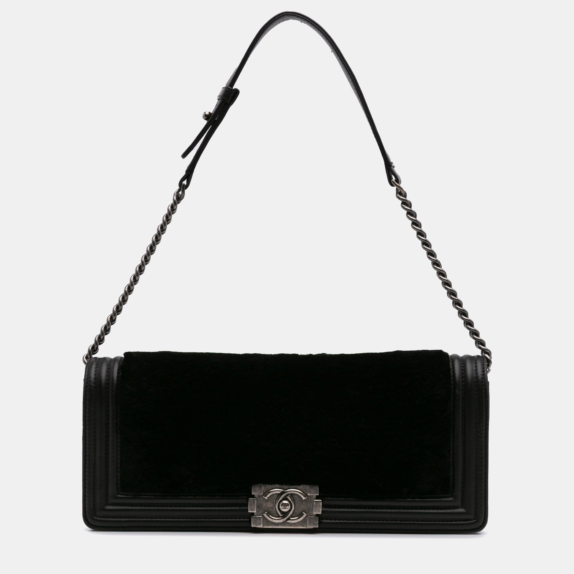 

Chanel Black Shearling East West Boy Flap