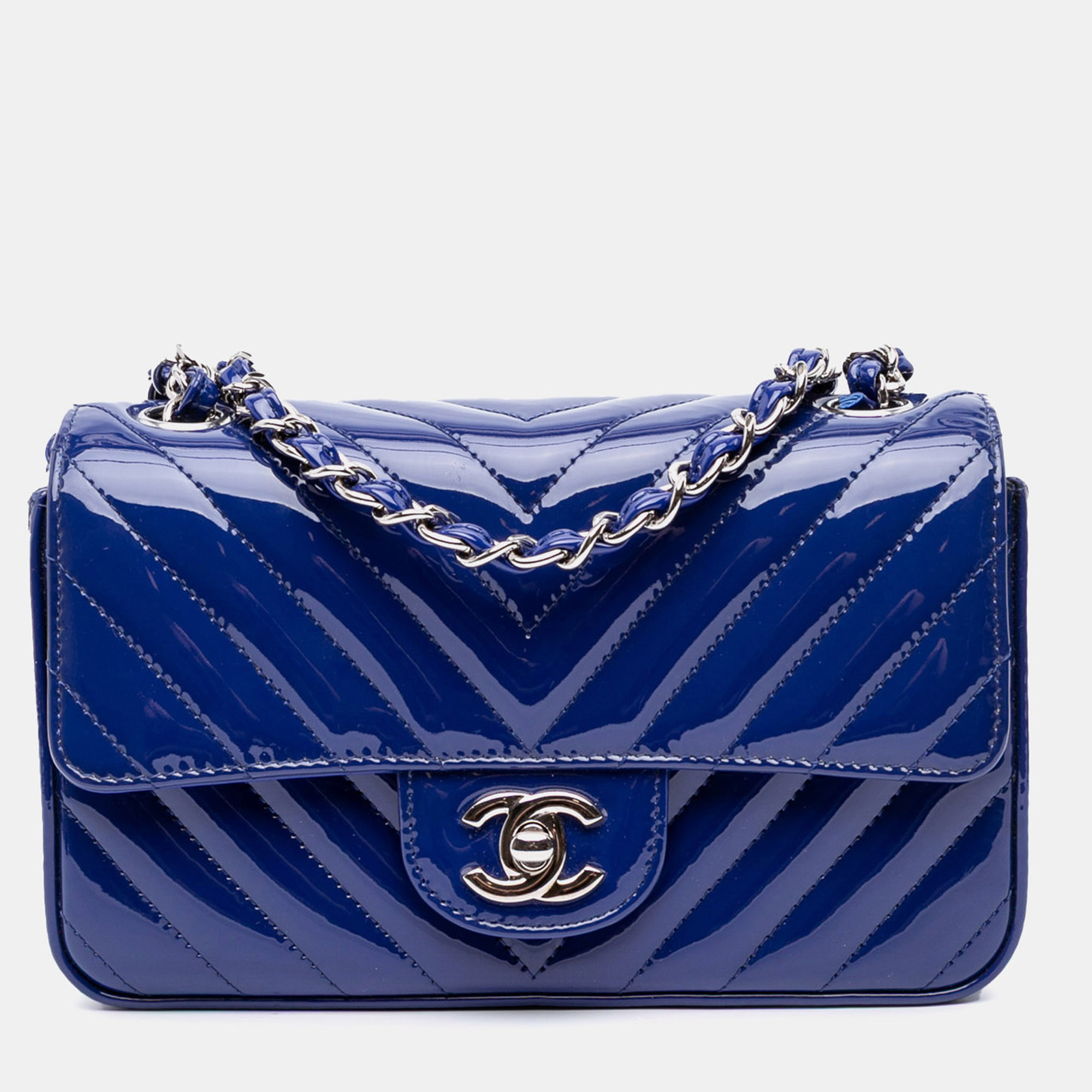 

Chanel Blue Mini Rectangular Classic Chevron Patent Single Flap