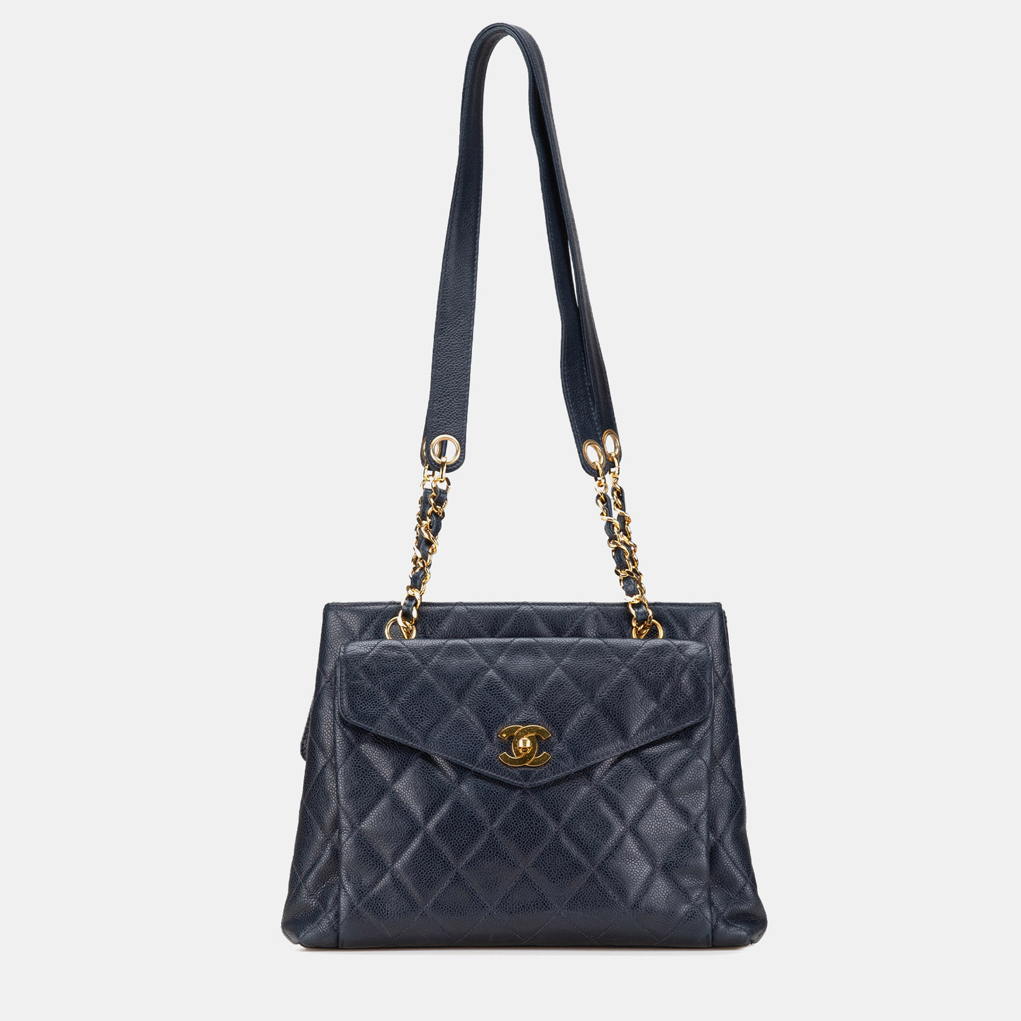 

Chanel Blue Quilted Caviar Front Pocket Chain Tote