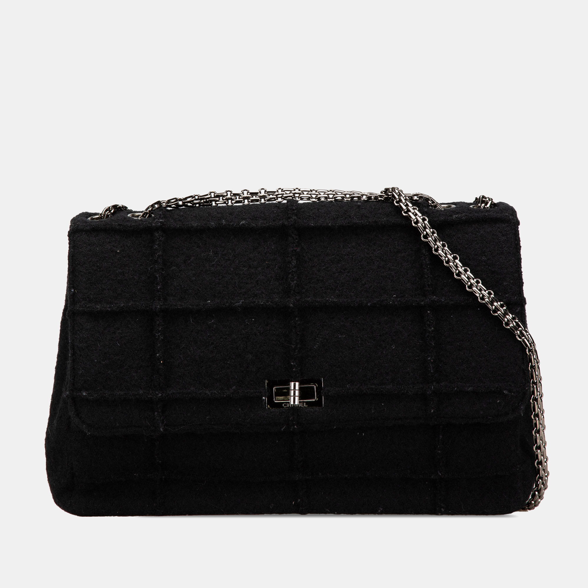 

Chanel Black Jumbo Reissue 2.55 Choco Bar Wool Felt Identification Flap