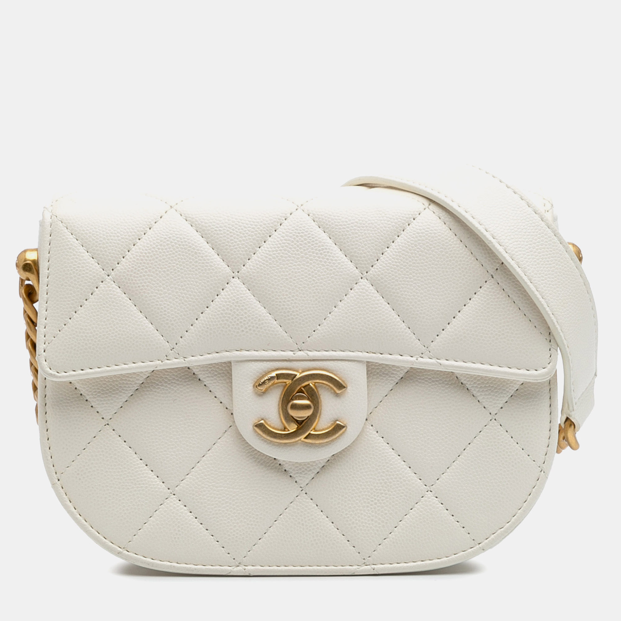 

Chanel White CC Quilted Lambskin Round Moon Messenger Flap