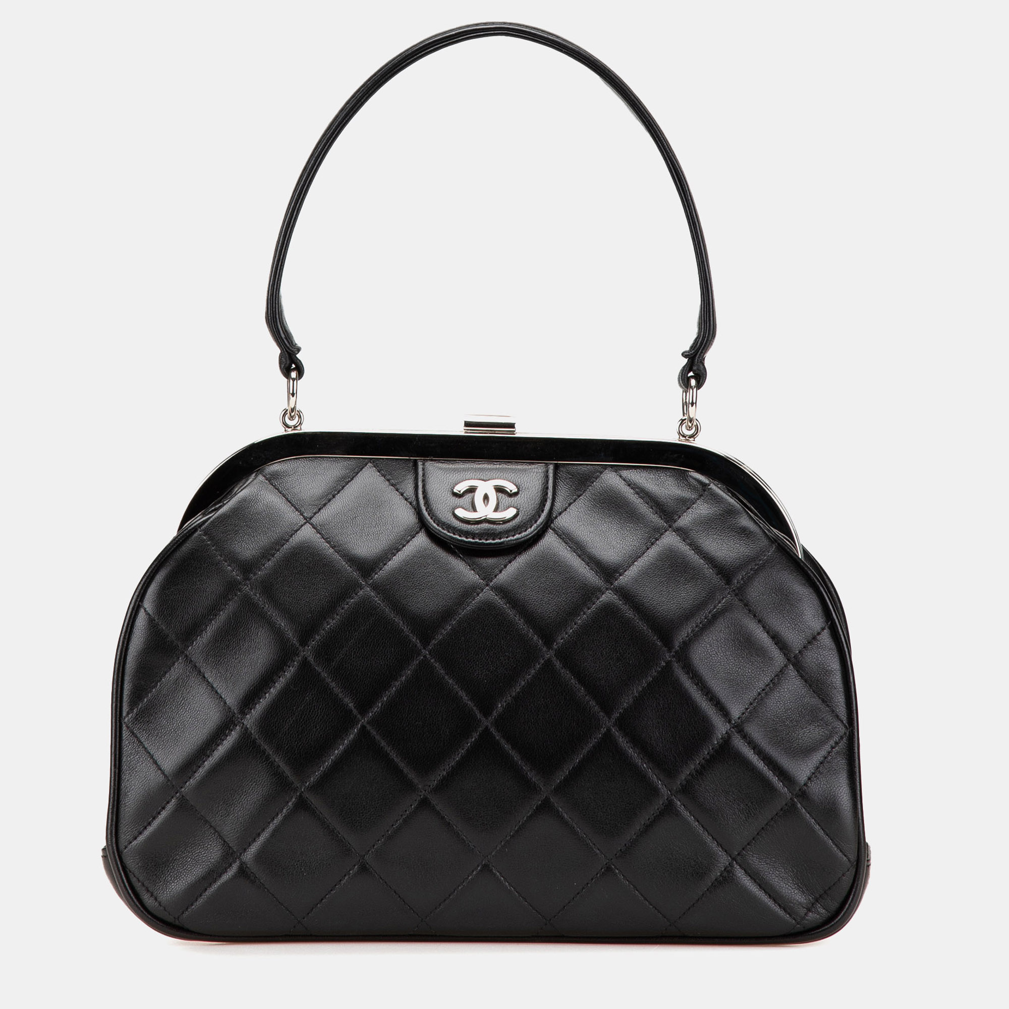 

Chanel Black CC Quilted Lambskin Kiss Lock Frame Top Handle Bag