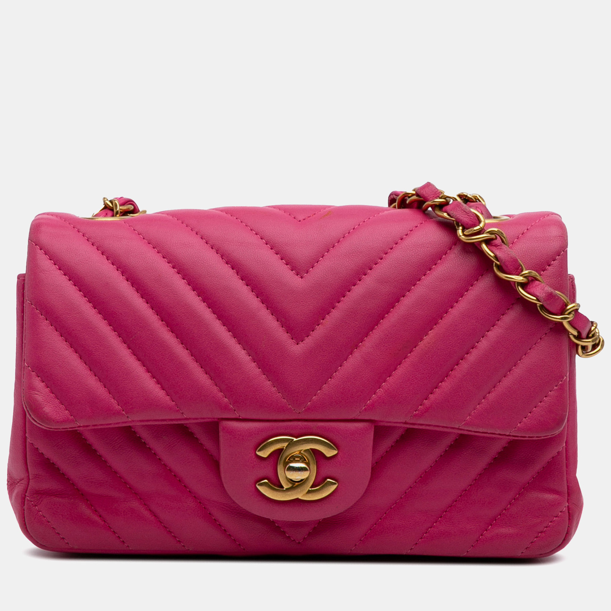 

Chanel Pink Mini Rectangular Classic Chevron Lambskin Single Flap